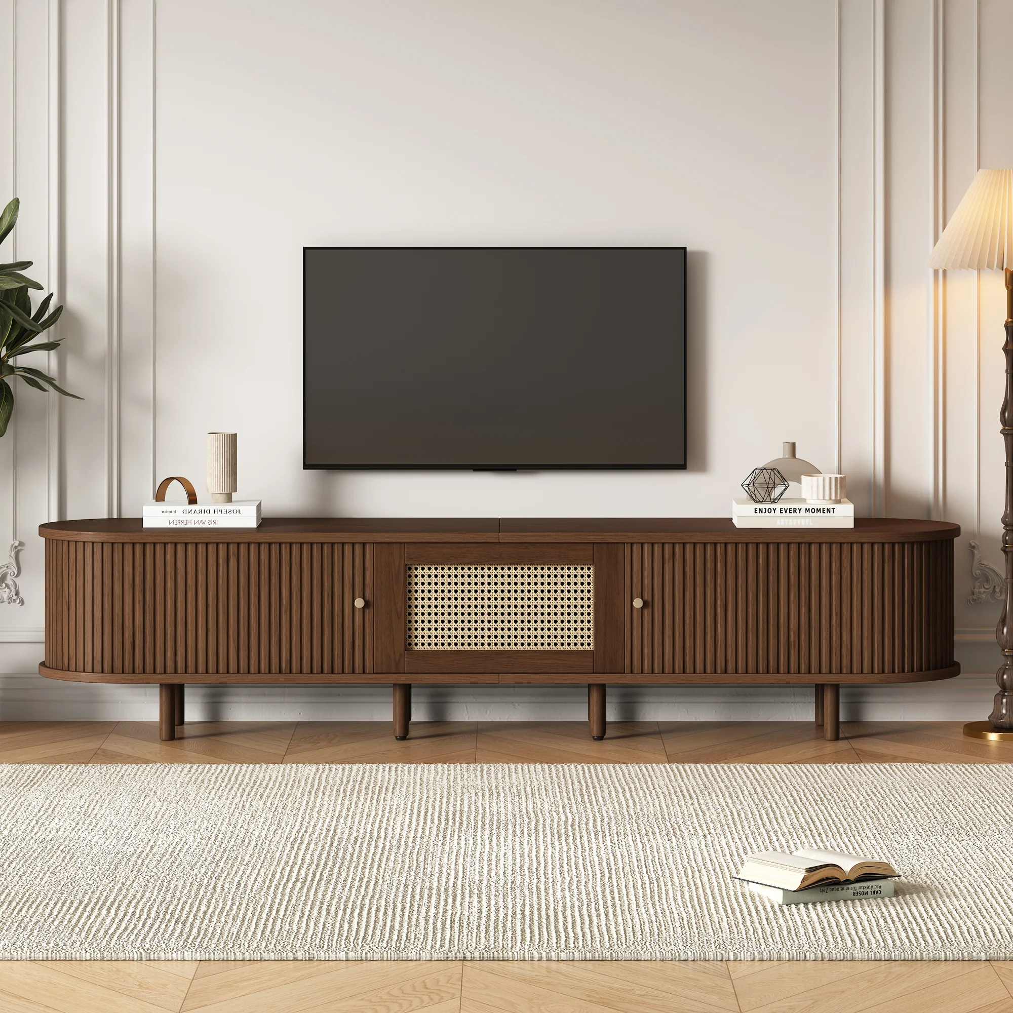 Oval TV Stand 180cm Rattan Design Adjustable Feet Dark Walnut MDF - Image 7