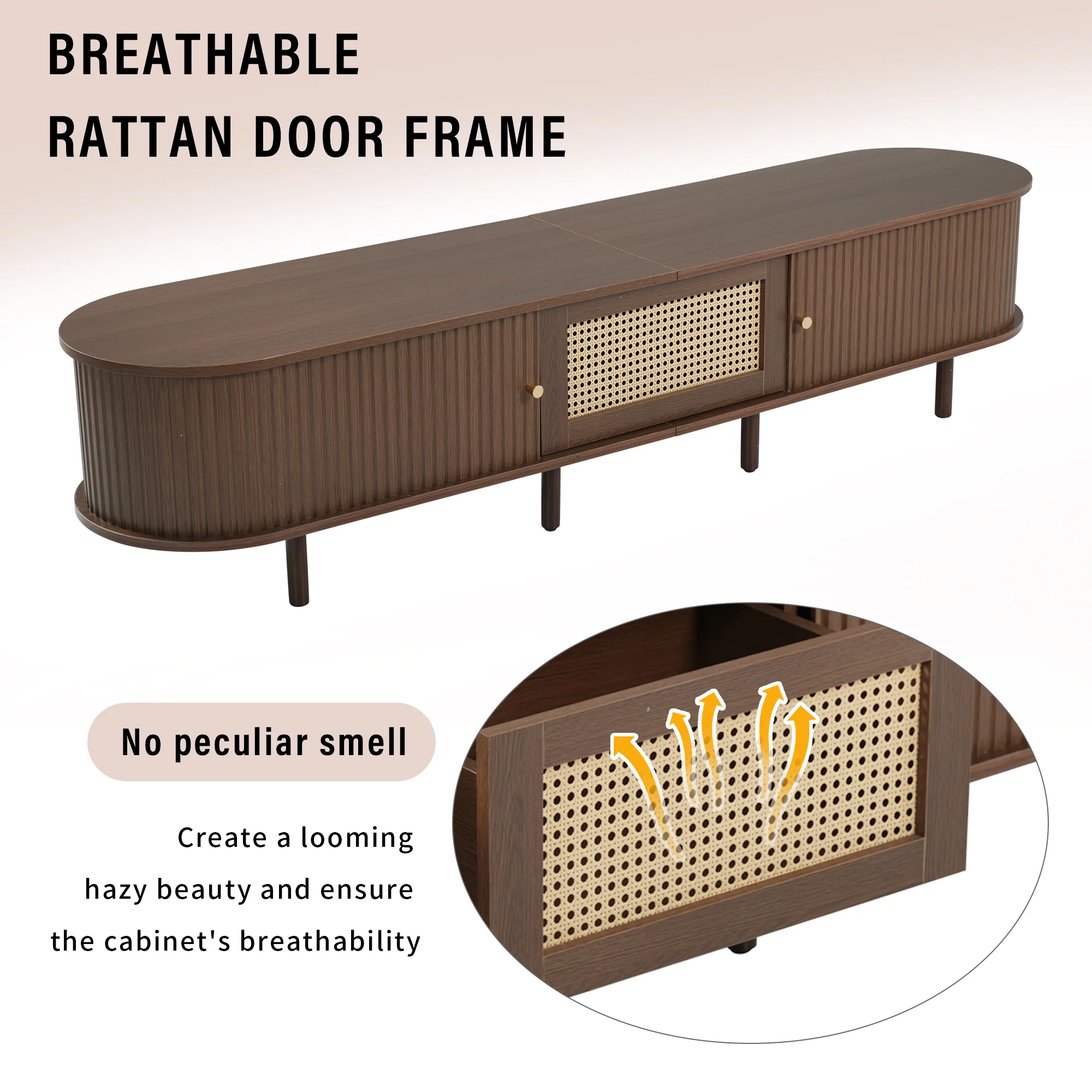 Oval TV Stand 180cm Rattan Design Adjustable Feet Dark Walnut MDF - Image 8