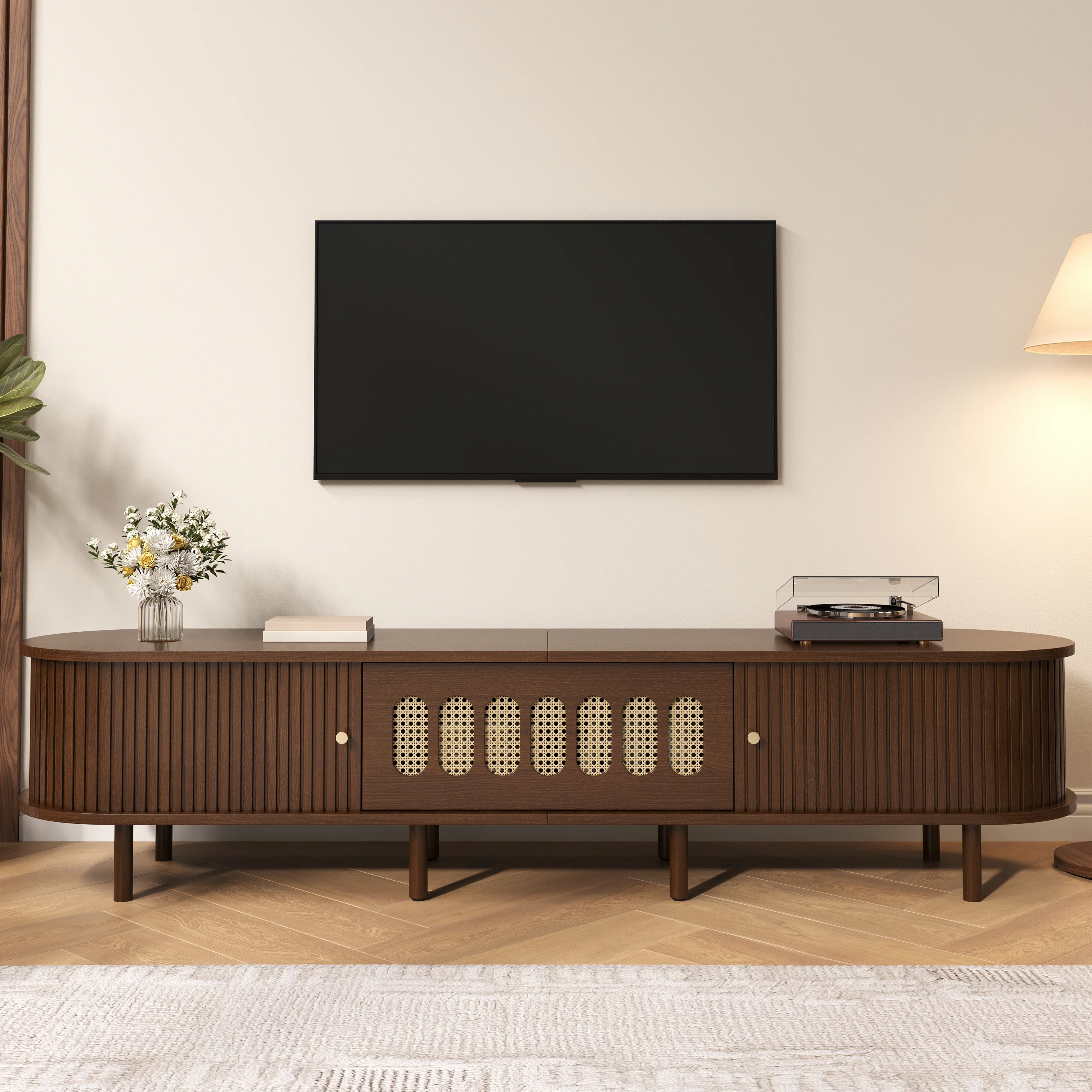 Oval TV Stand with Roll-Up Doors and Rattan Design, Dark Walnut MDF - Image 2