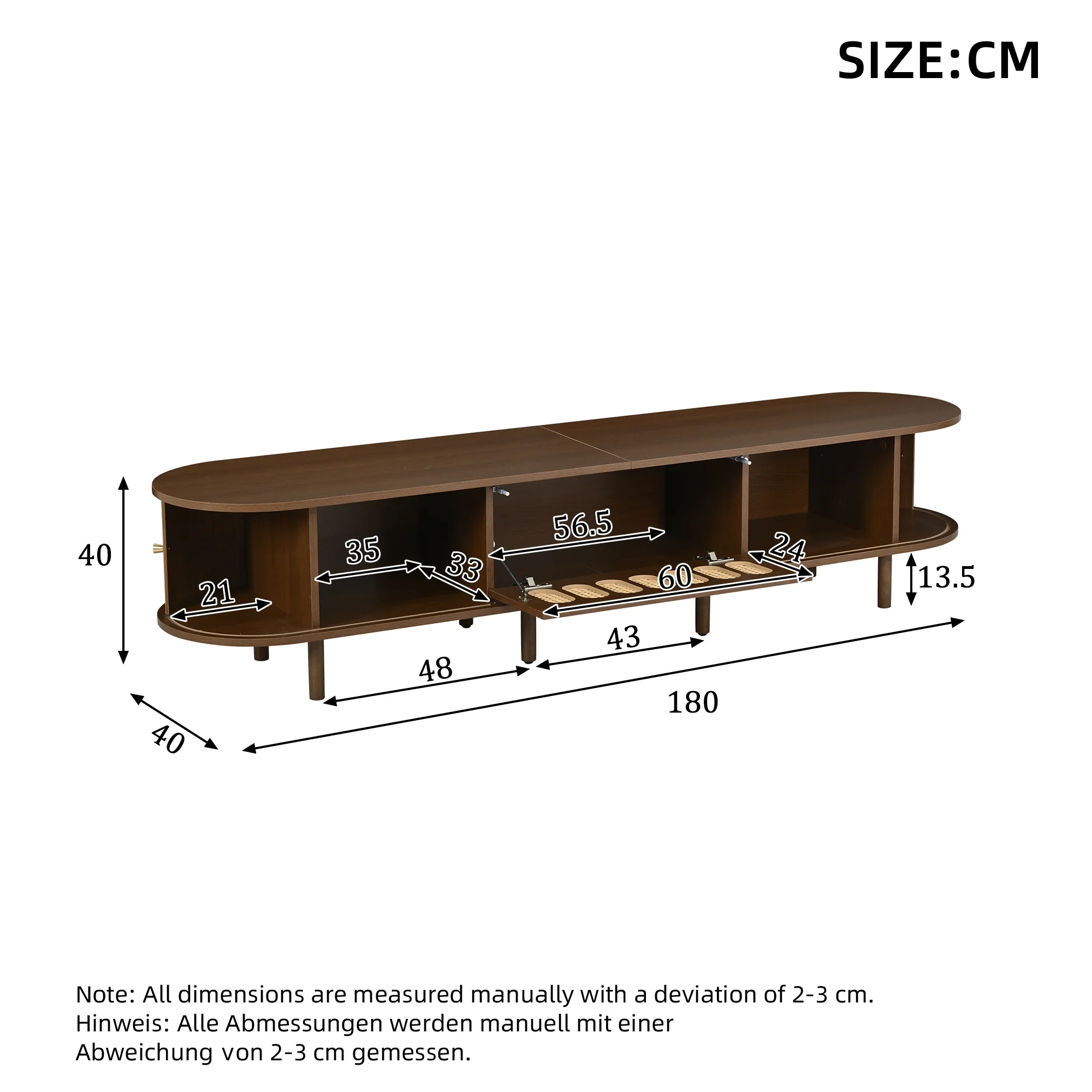 Oval TV Stand with Roll-Up Doors and Rattan Design, Dark Walnut MDF - Image 3