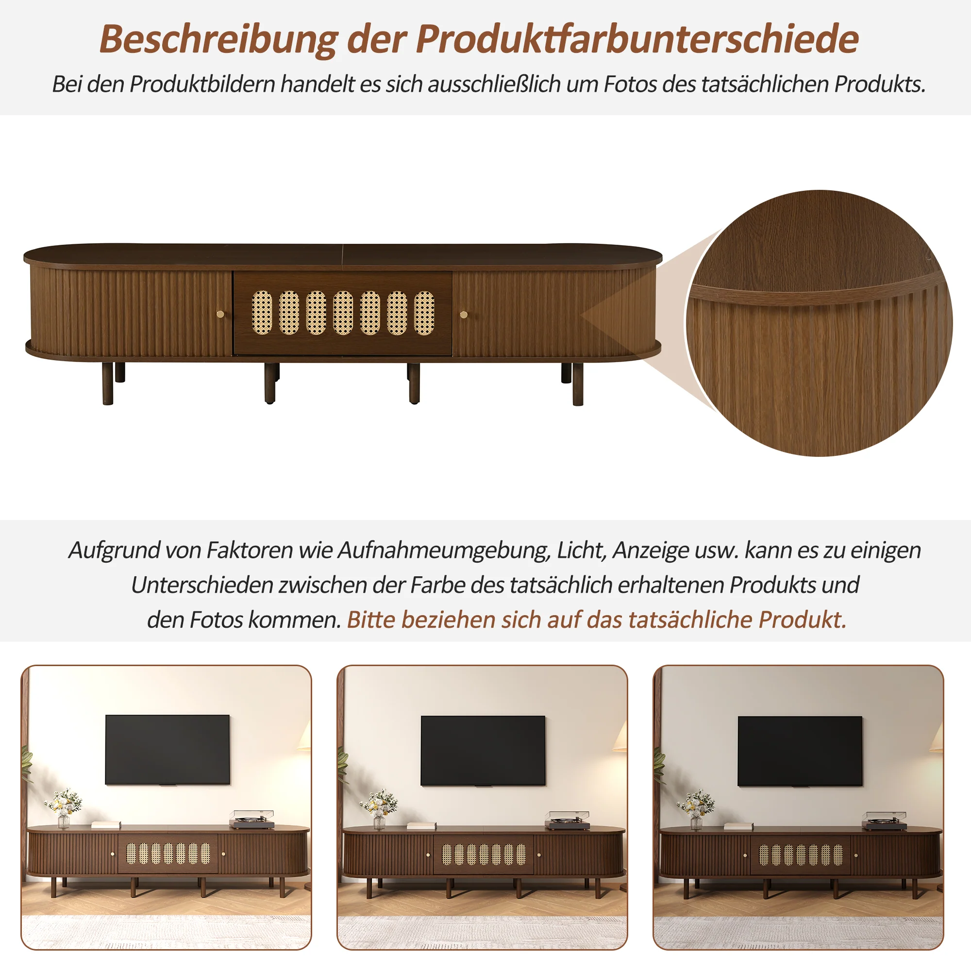 Oval TV Stand with Roll-Up Doors and Rattan Design, Dark Walnut MDF - Image 4