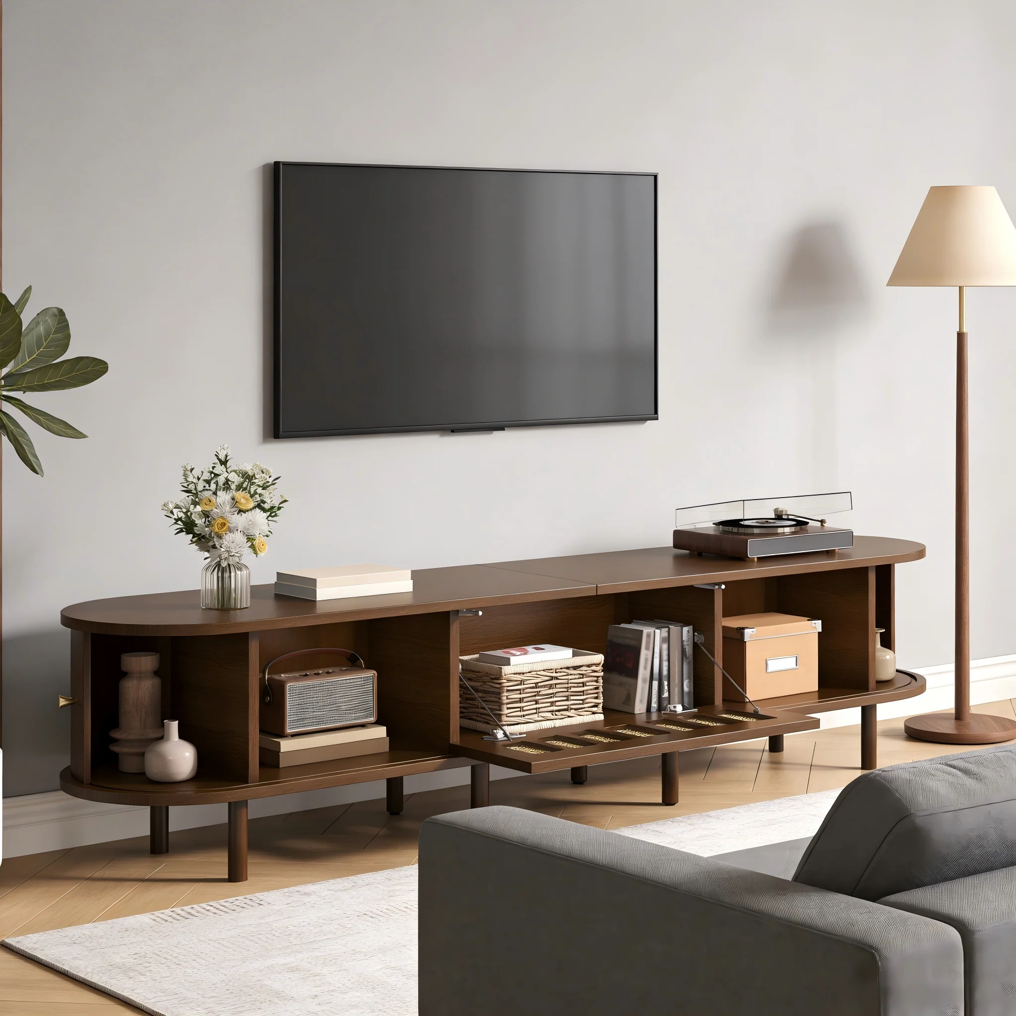 Oval TV Stand with Roll-Up Doors and Rattan Design, Dark Walnut MDF - Image 5