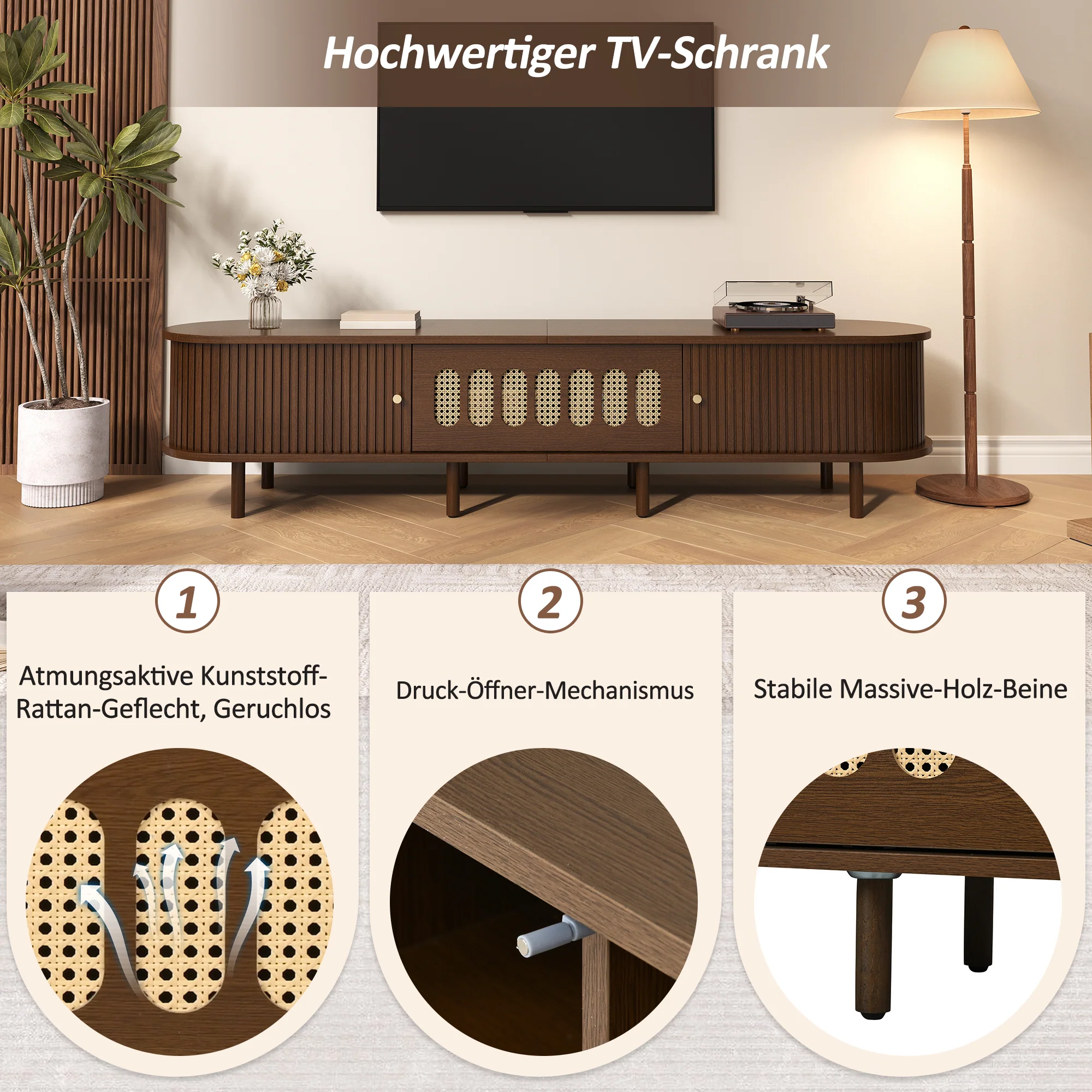 Oval TV Stand with Roll-Up Doors and Rattan Design, Dark Walnut MDF - Image 7