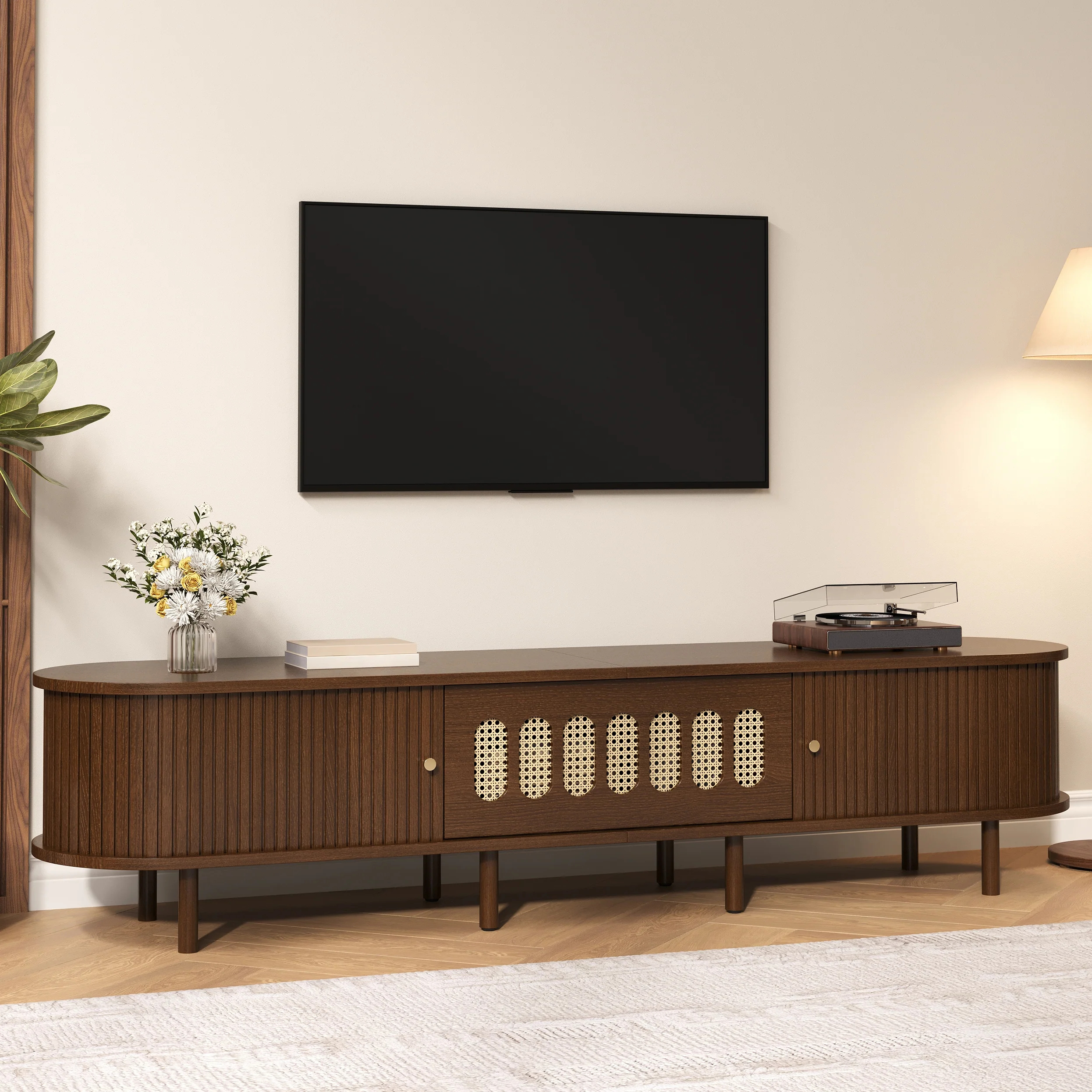 Oval TV Stand with Roll-Up Doors and Rattan Design, Dark Walnut MDF - Image 8