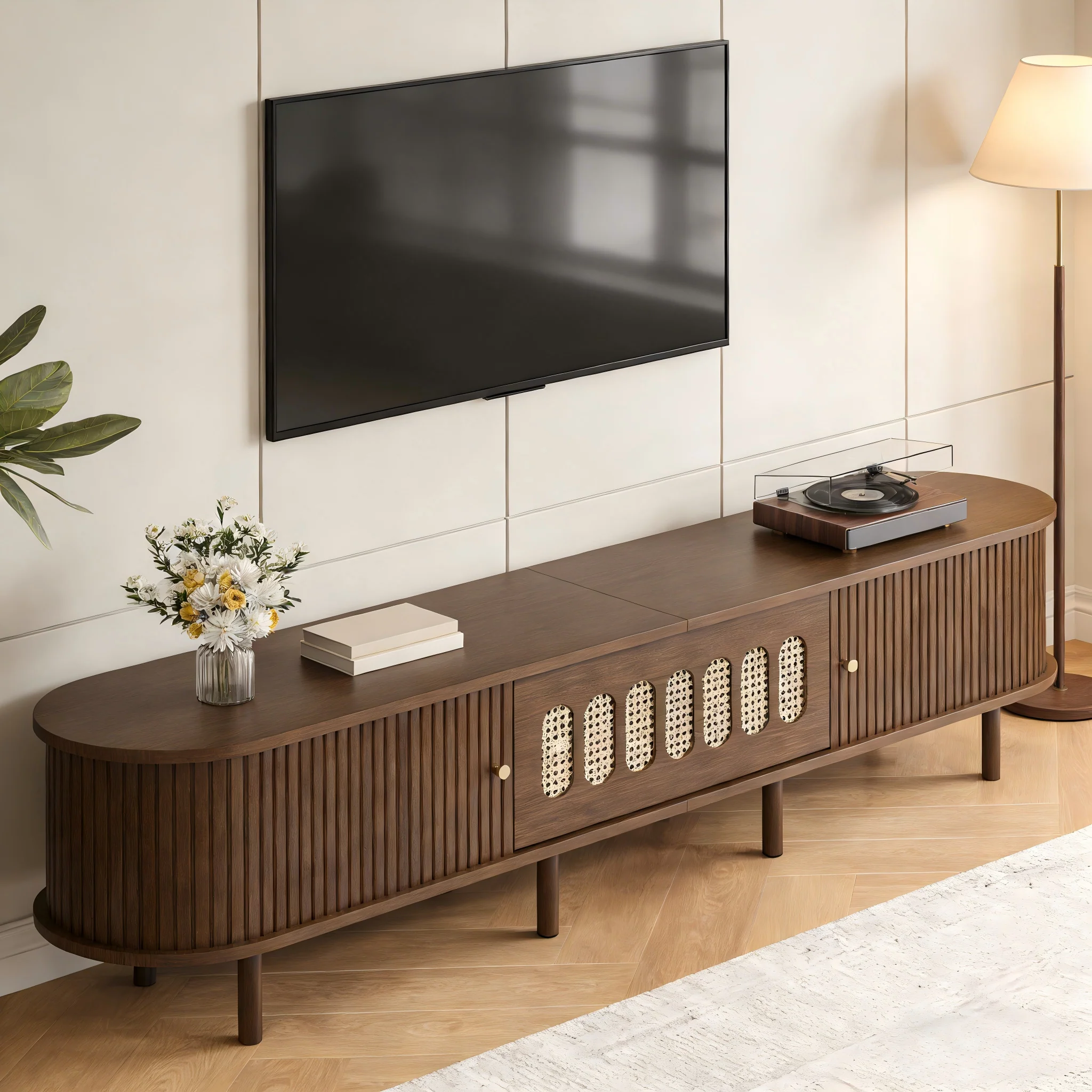 Oval TV Stand with Roll-Up Doors and Rattan Design, Dark Walnut MDF - Image 9