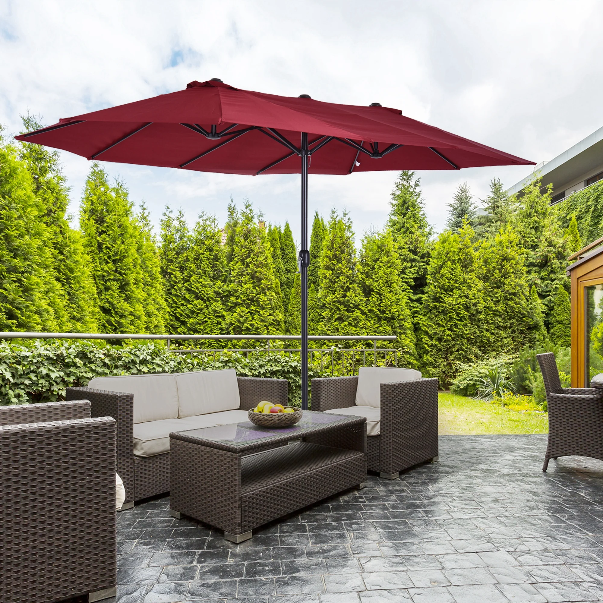 Parasol Garden Umbrella Double Patio 455 x 270 cm Hand Crank Oval, Wine Red