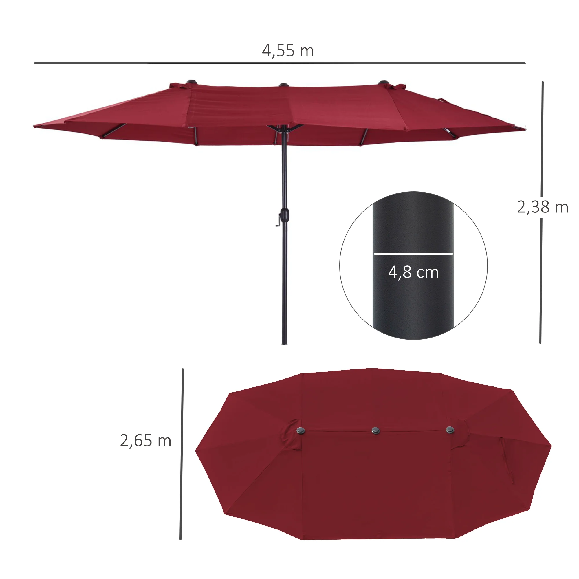 Parasol Garden Umbrella Double Patio 455 x 270 cm Hand Crank Oval, Wine Red - Image 3