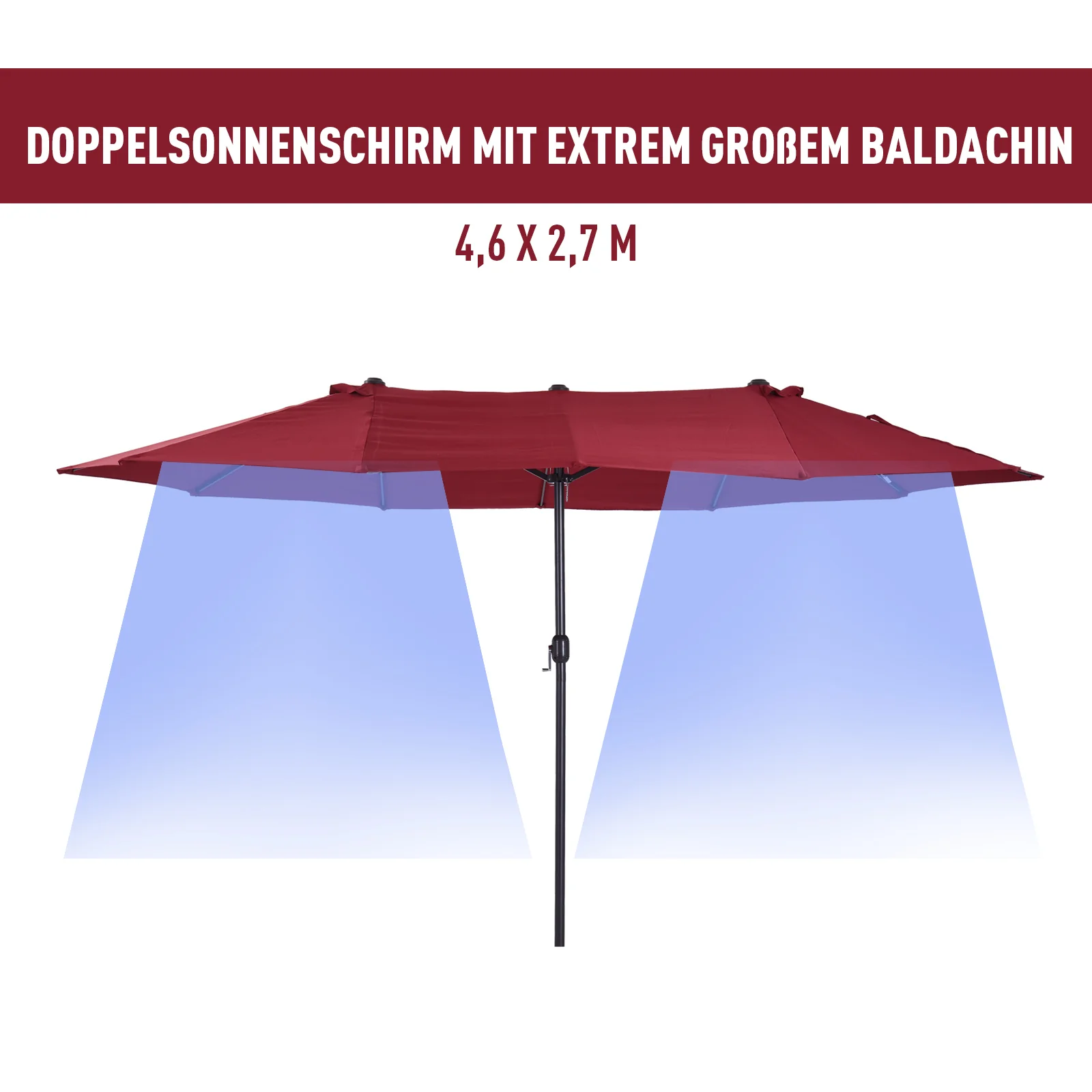 Parasol Garden Umbrella Double Patio 455 x 270 cm Hand Crank Oval, Wine Red - Image 4