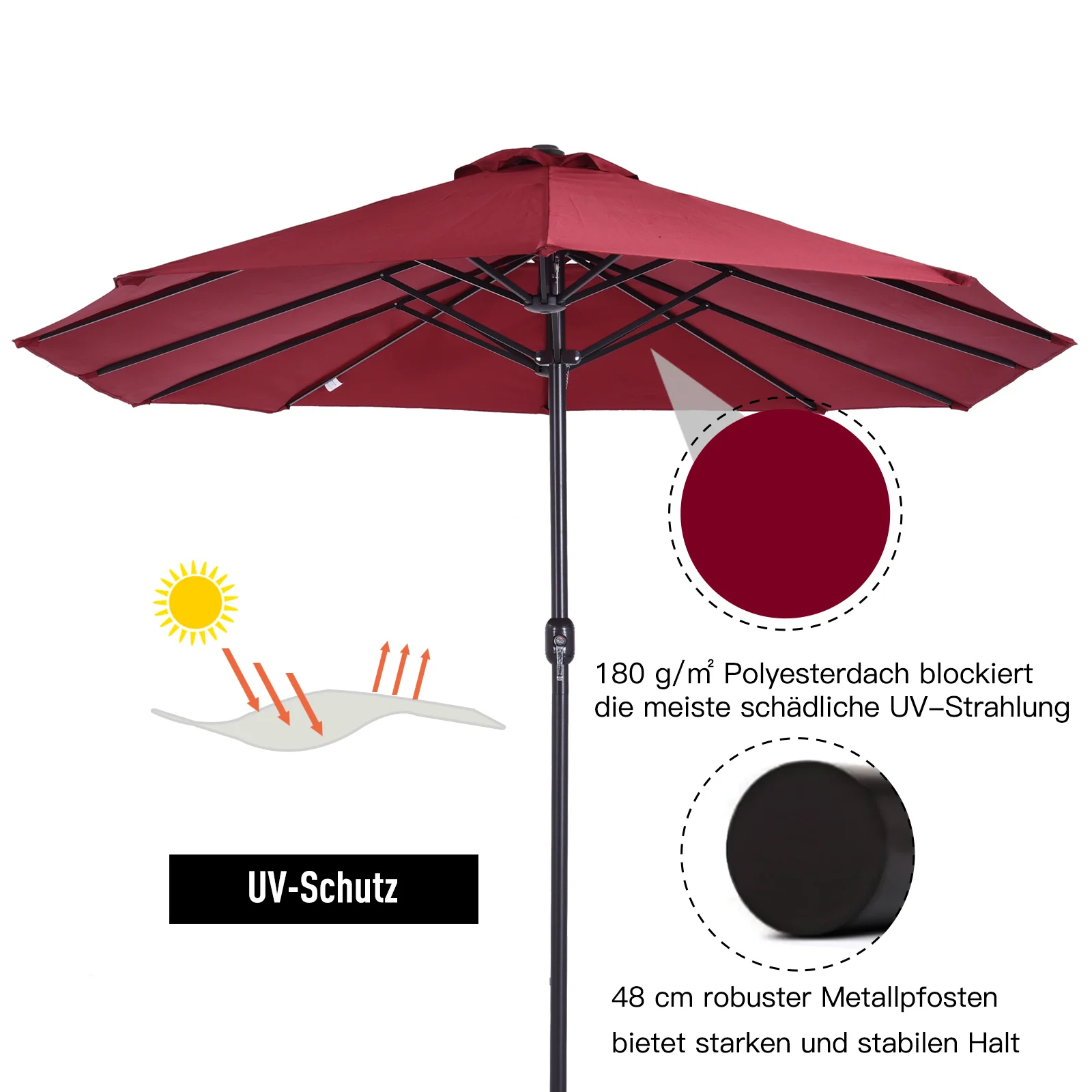 Parasol Garden Umbrella Double Patio 455 x 270 cm Hand Crank Oval, Wine Red - Image 5