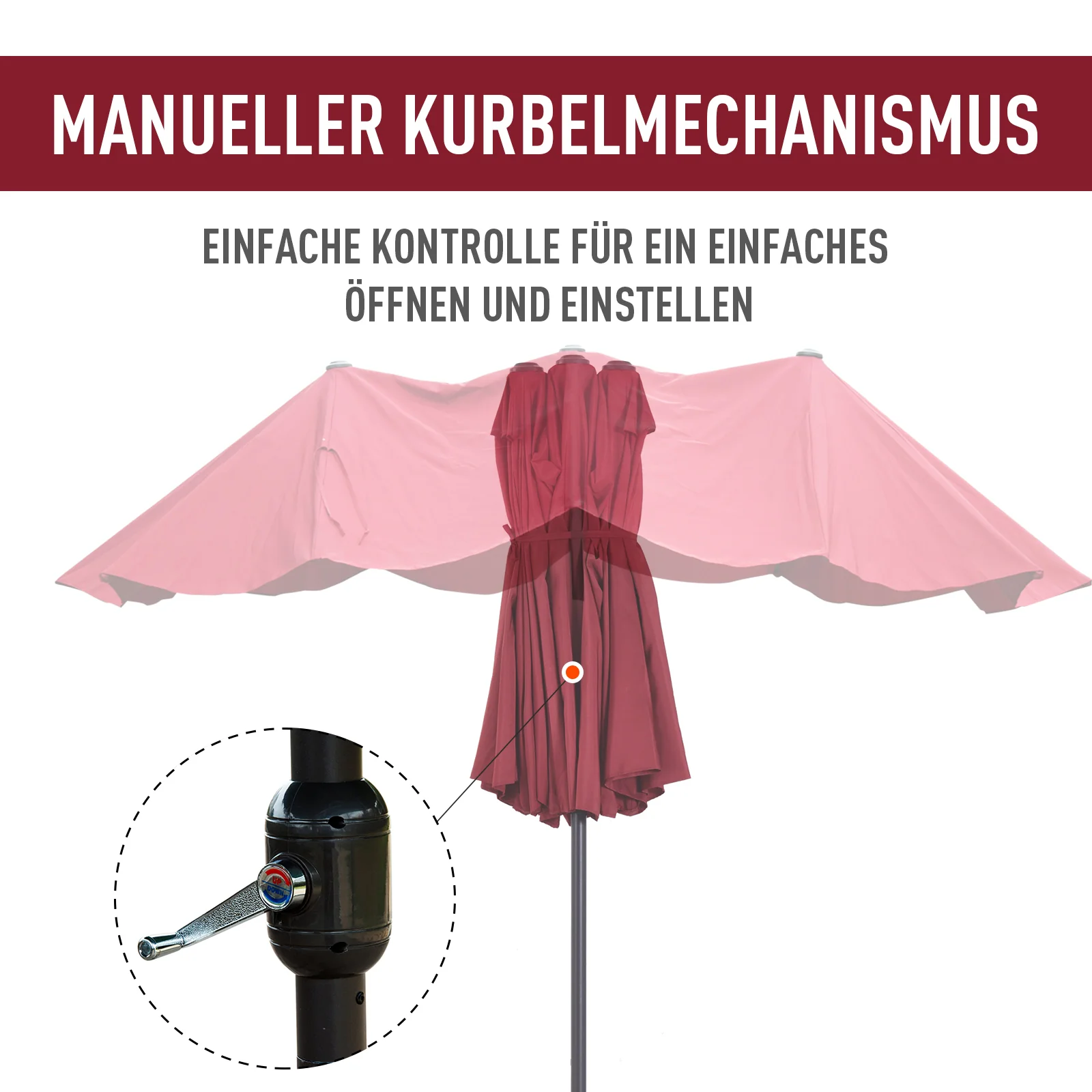 Parasol Garden Umbrella Double Patio 455 x 270 cm Hand Crank Oval, Wine Red - Image 6