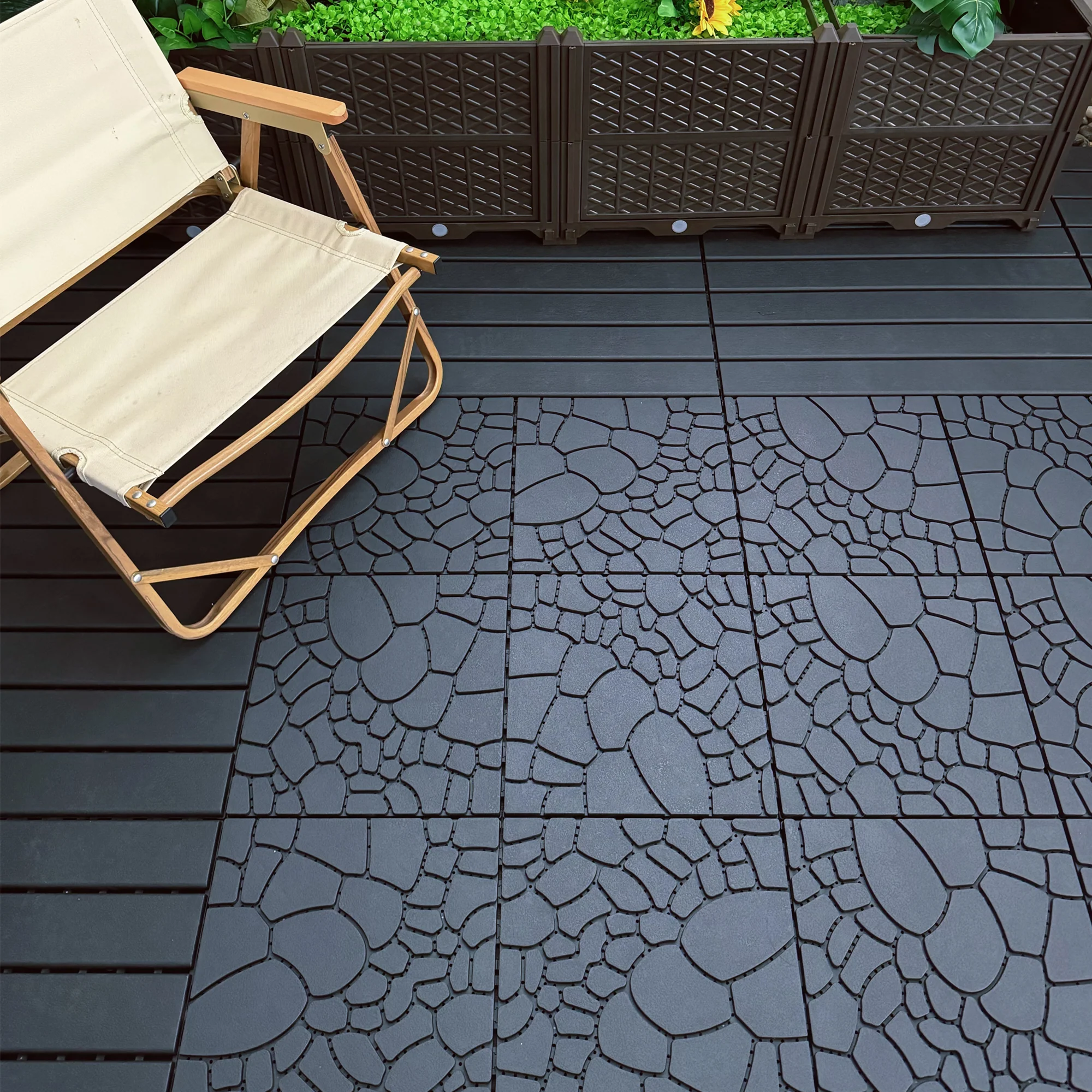 Patio Deck Tiles 12" Stone Texture Interlocking 44pcs - DARK GRAY - Image 10