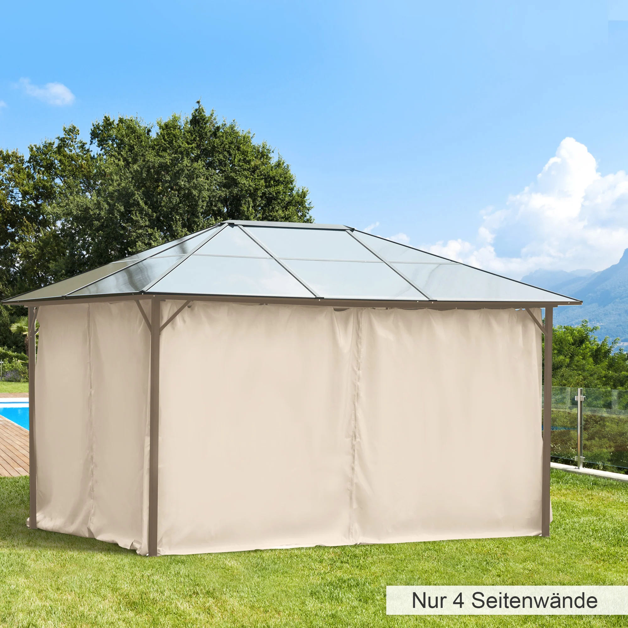 Pavilion Party Tent 3x4m with 4 Side Panels, Polyester Beige