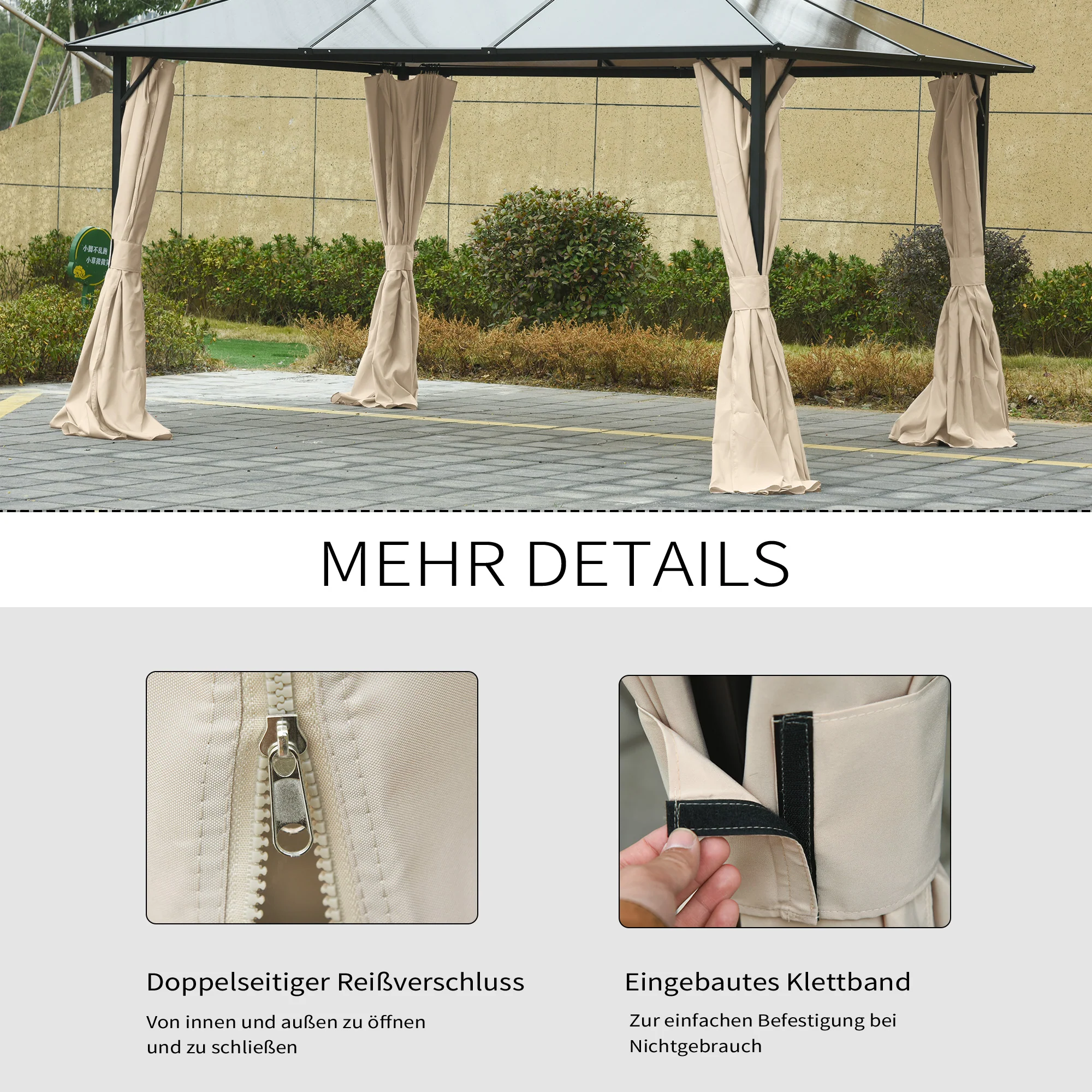 Pavilion Party Tent 3x4m with 4 Side Panels, Polyester Beige - Image 5