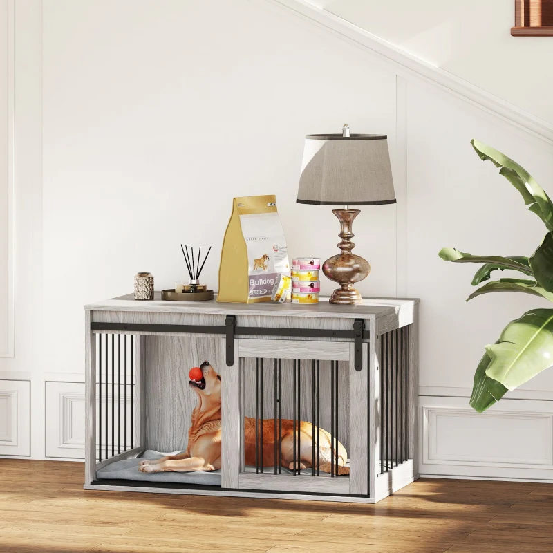PawHut 98cm Dog Crate Furniture with Removable Cushion - Grey