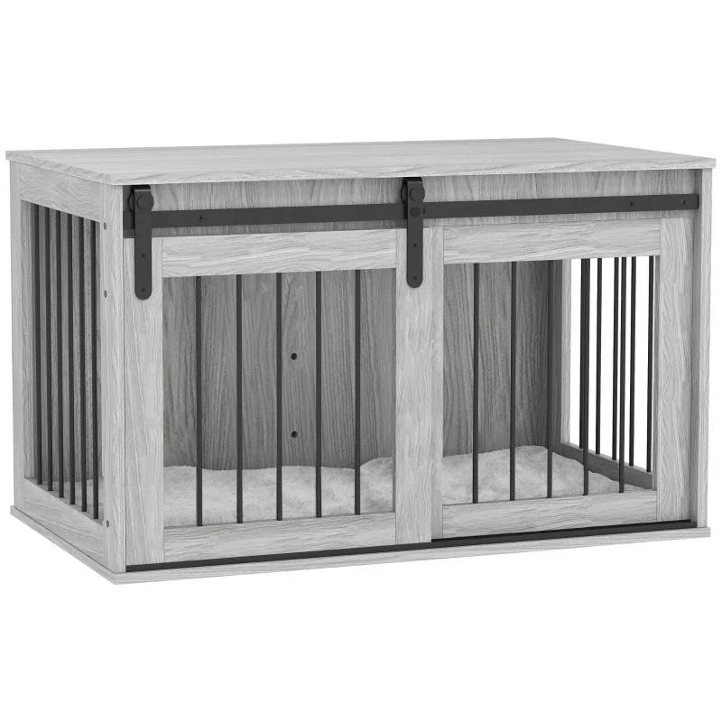 PawHut 98cm Dog Crate Furniture with Removable Cushion - Grey - Image 2