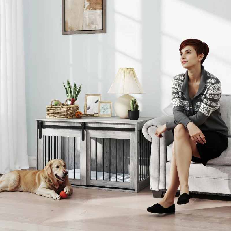 PawHut 98cm Dog Crate Furniture with Removable Cushion - Grey - Image 3