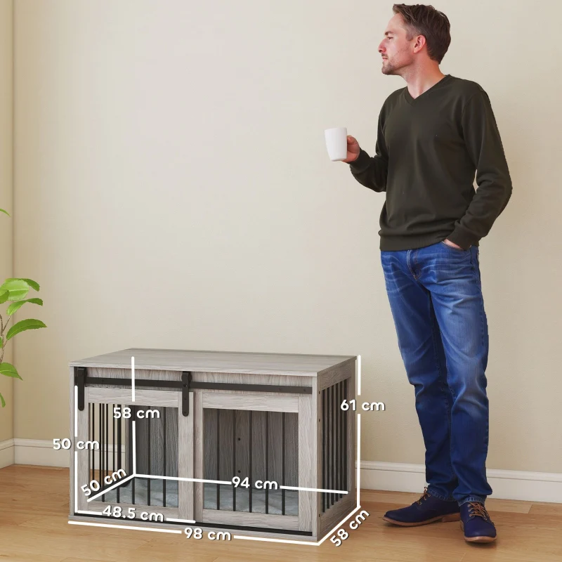 PawHut 98cm Dog Crate Furniture with Removable Cushion - Grey - Image 4