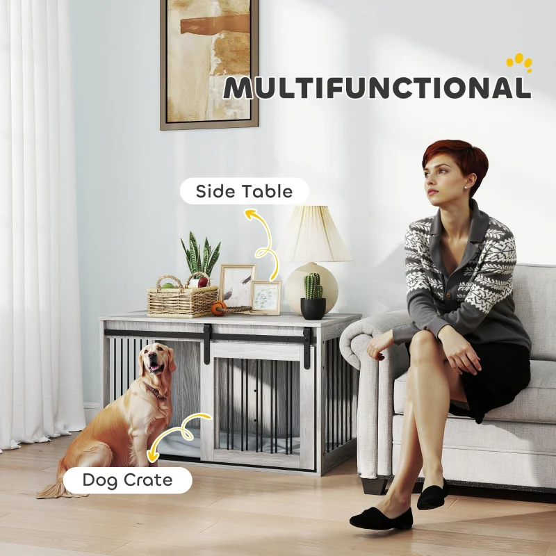 PawHut 98cm Dog Crate Furniture with Removable Cushion - Grey - Image 6