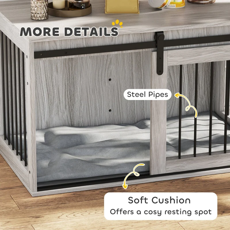PawHut 98cm Dog Crate Furniture with Removable Cushion - Grey - Image 7