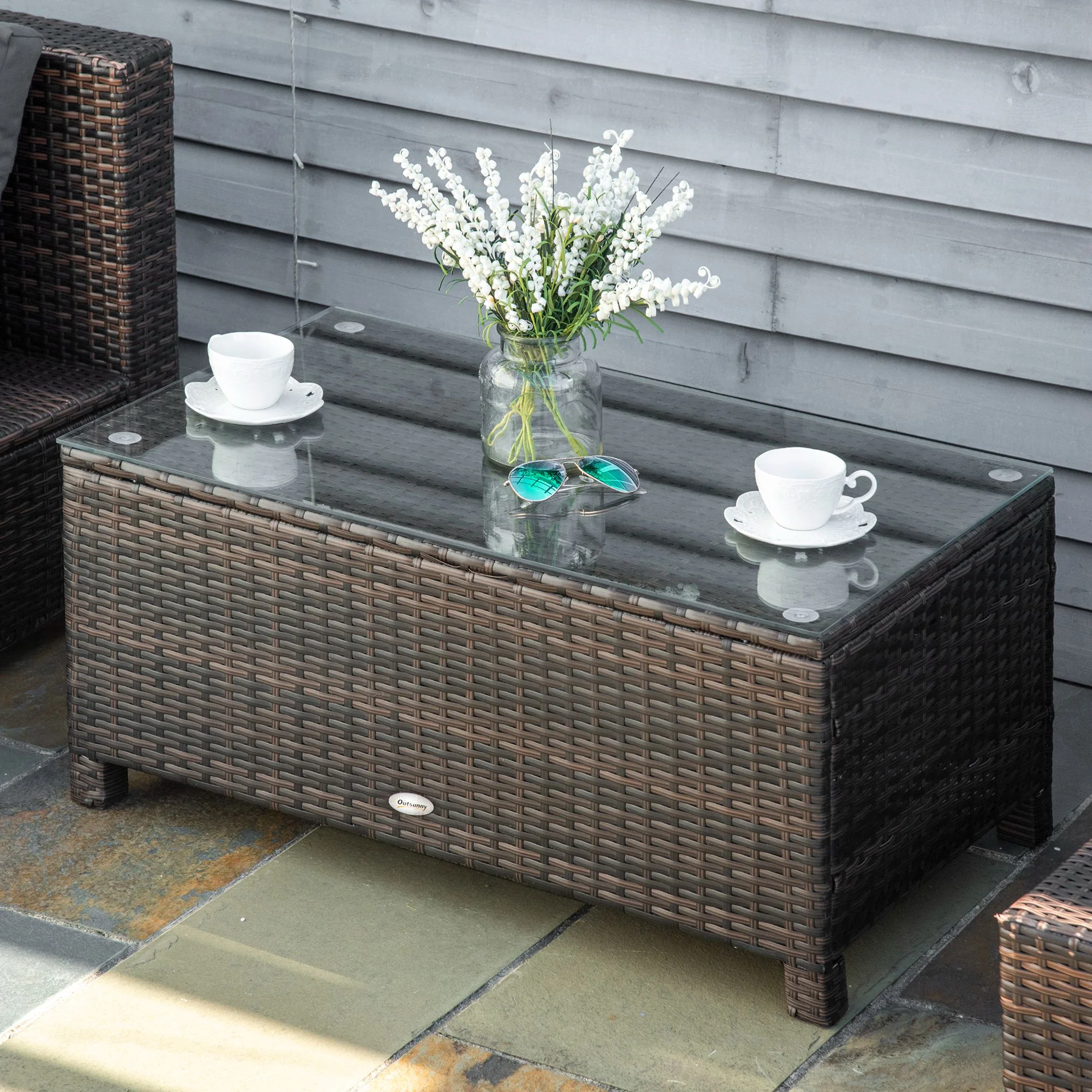 PE Rattan Garden Coffee Table with Glass Top - Brown