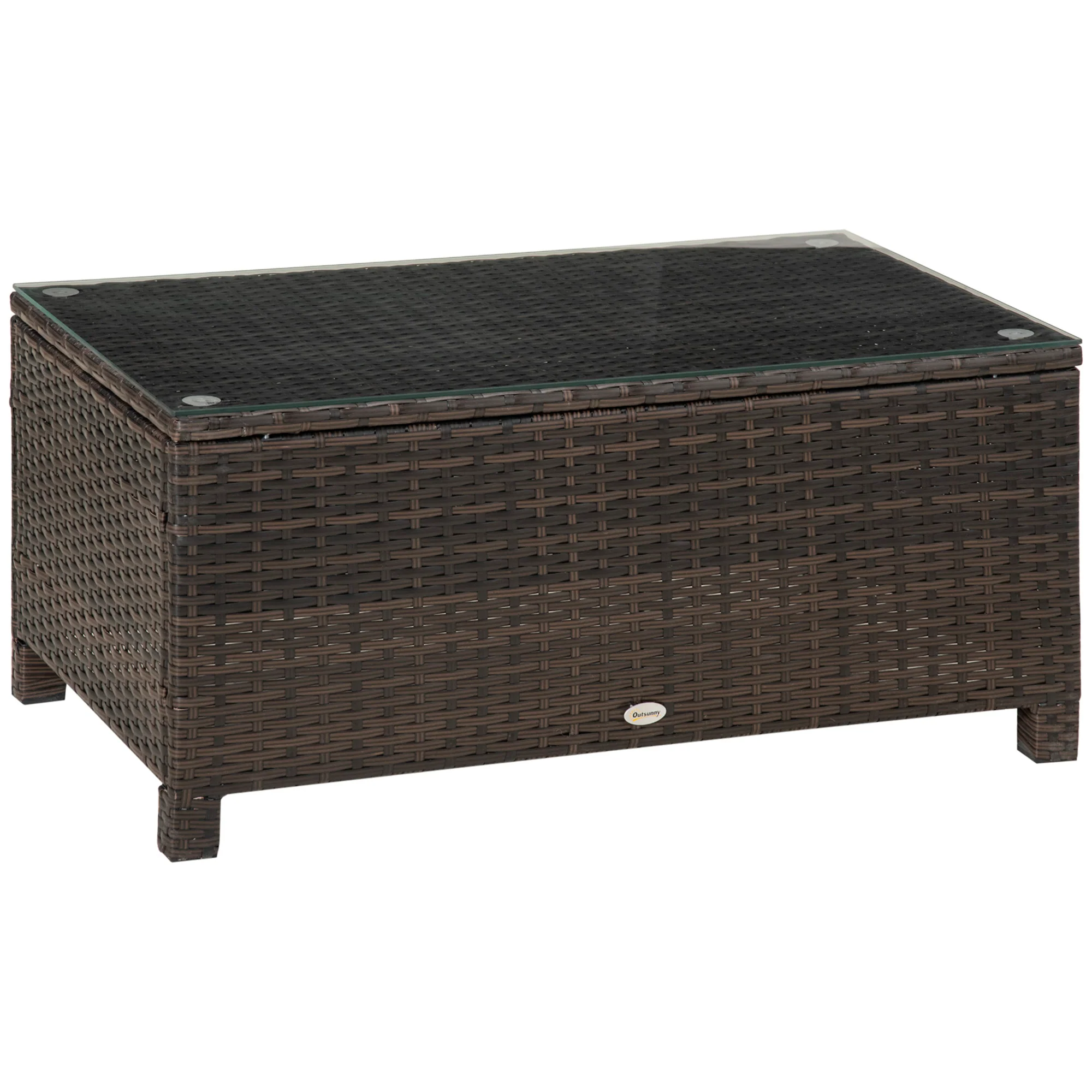 PE Rattan Garden Coffee Table with Glass Top - Brown - Image 2