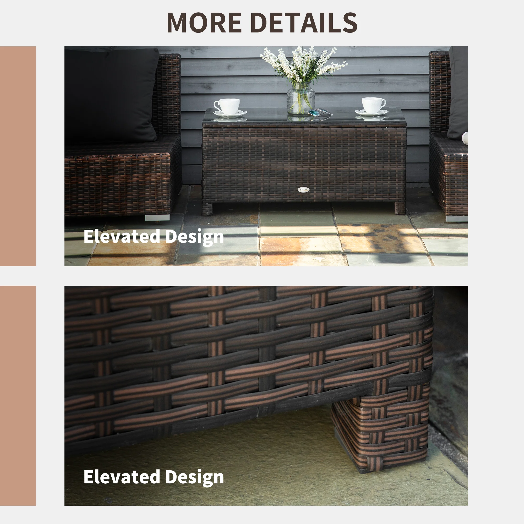 PE Rattan Garden Coffee Table with Glass Top - Brown - Image 4