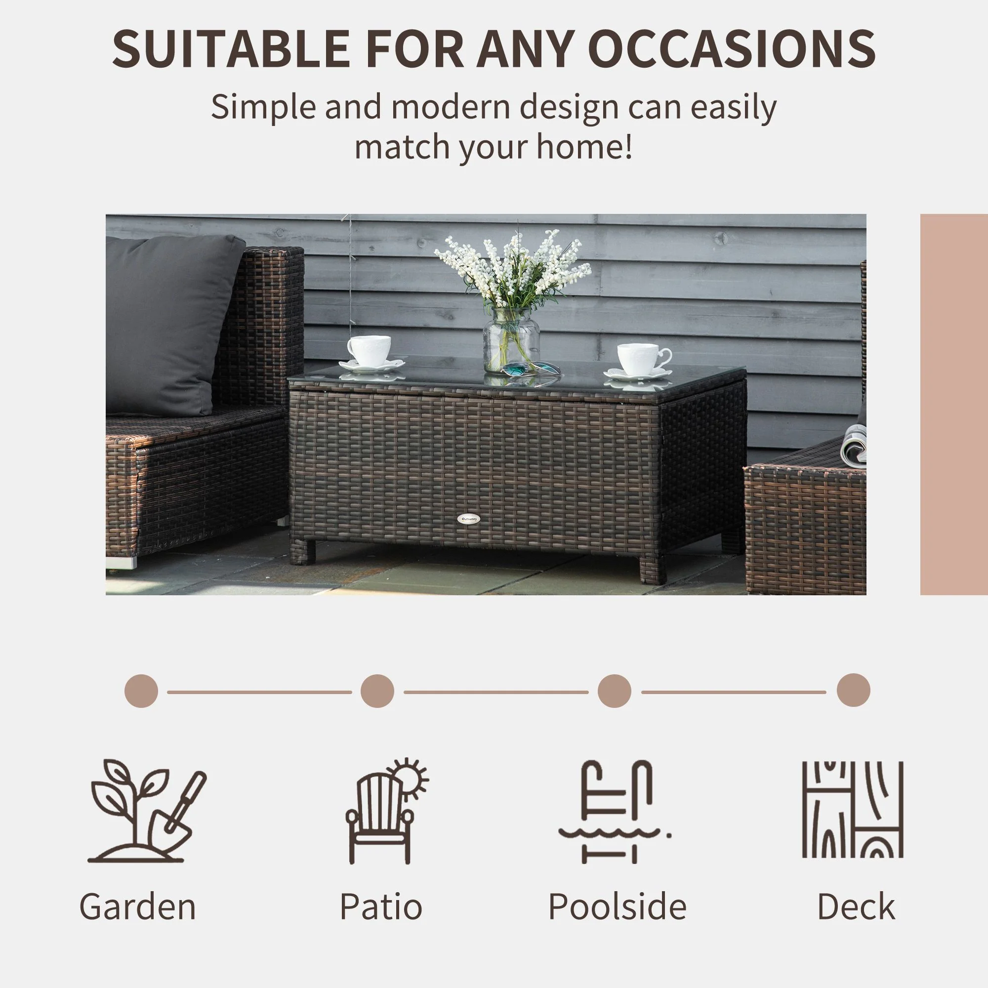 PE Rattan Garden Coffee Table with Glass Top - Brown - Image 6