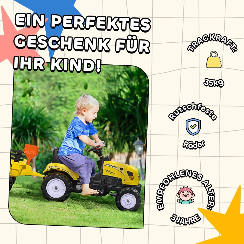 Pedal Tractor with Trailer, Tools & Horn, 3+ Years Metal Frame - Black and Yellow - Image 6