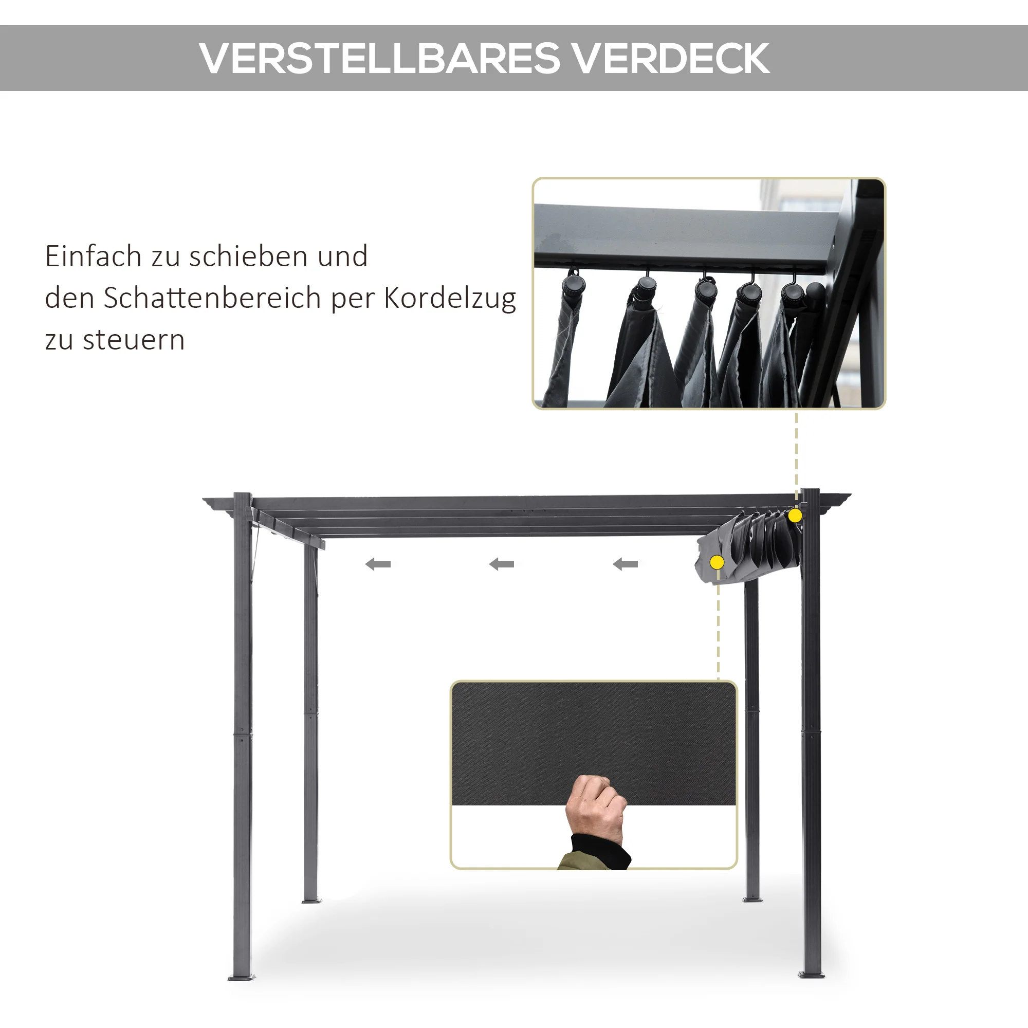 Pergola Pavilion Patio Cover with Sliding Roof, Garden, Aluminum, Charcoal Gray and Dark Gray, 3x3x2.23m - Image 4