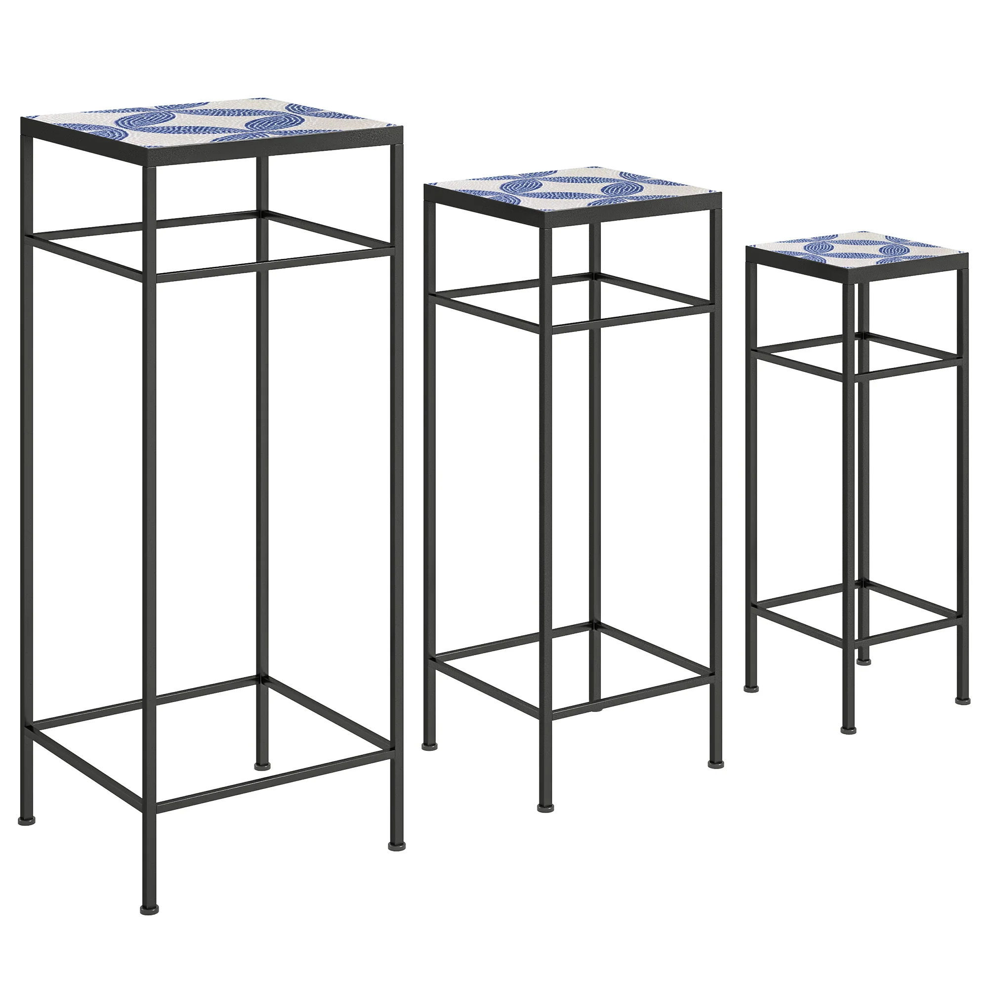 Plant Stands, Set of 3, 71cm Tall, Metal, Blue+White - Image 2
