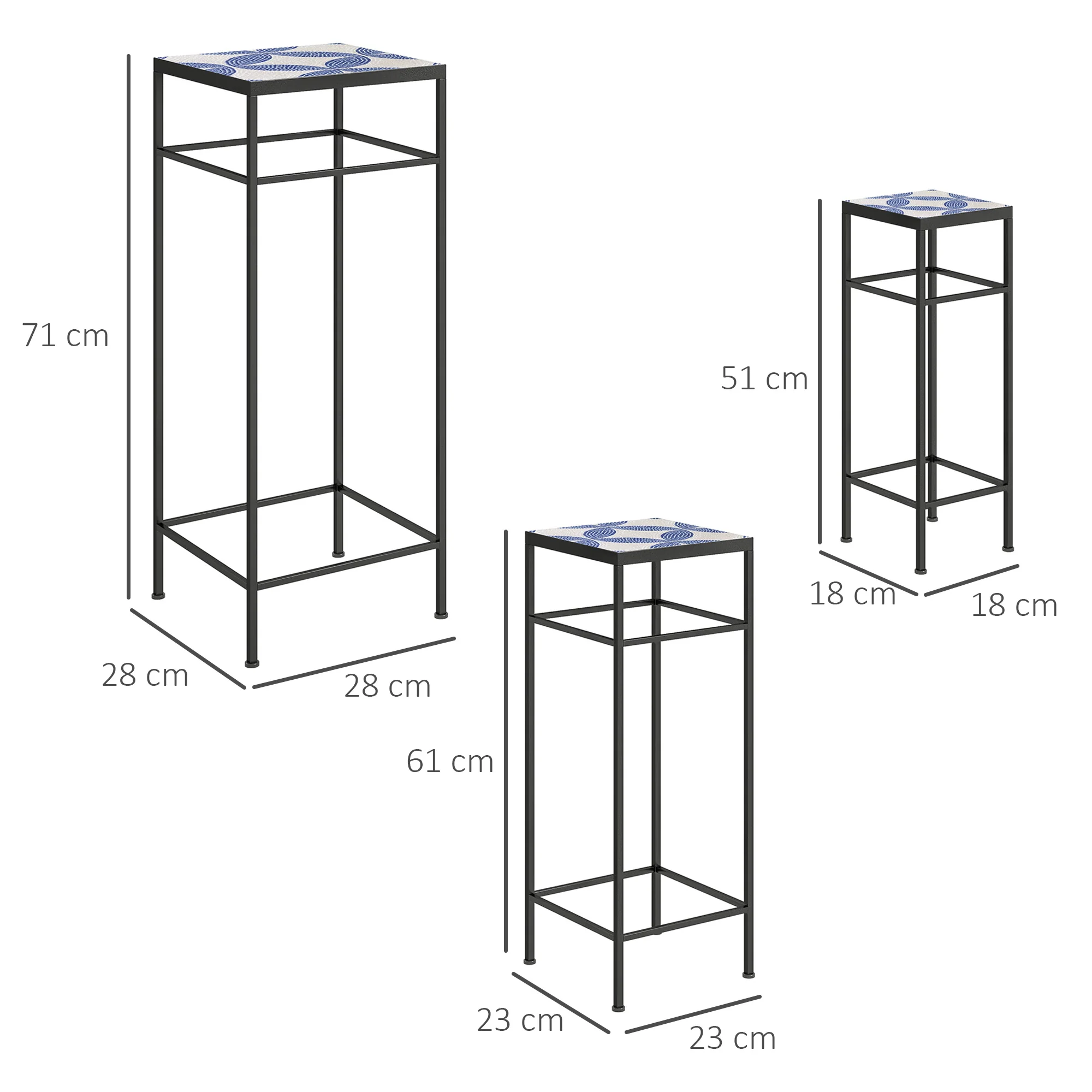 Plant Stands, Set of 3, 71cm Tall, Metal, Blue+White - Image 3