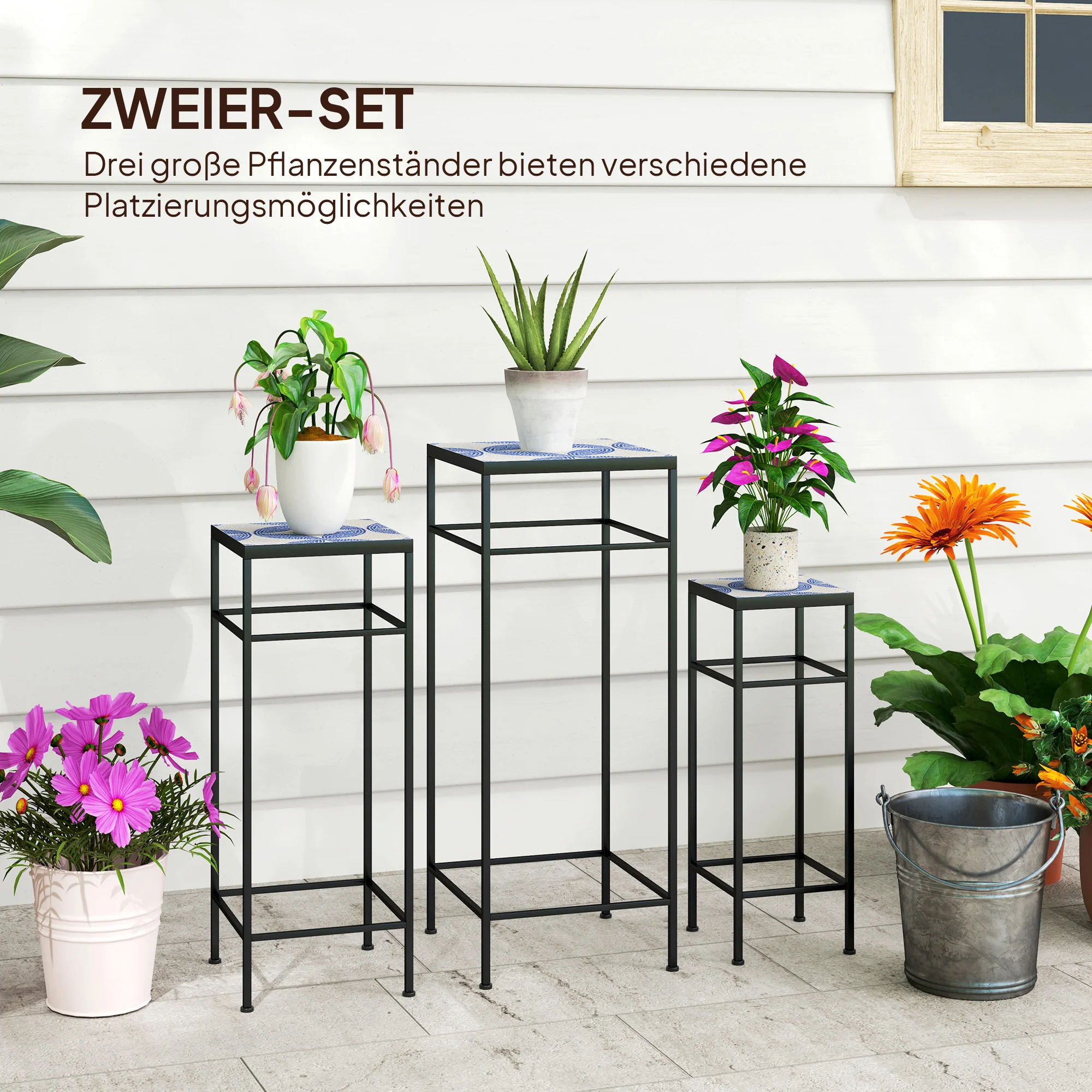 Plant Stands, Set of 3, 71cm Tall, Metal, Blue+White - Image 4