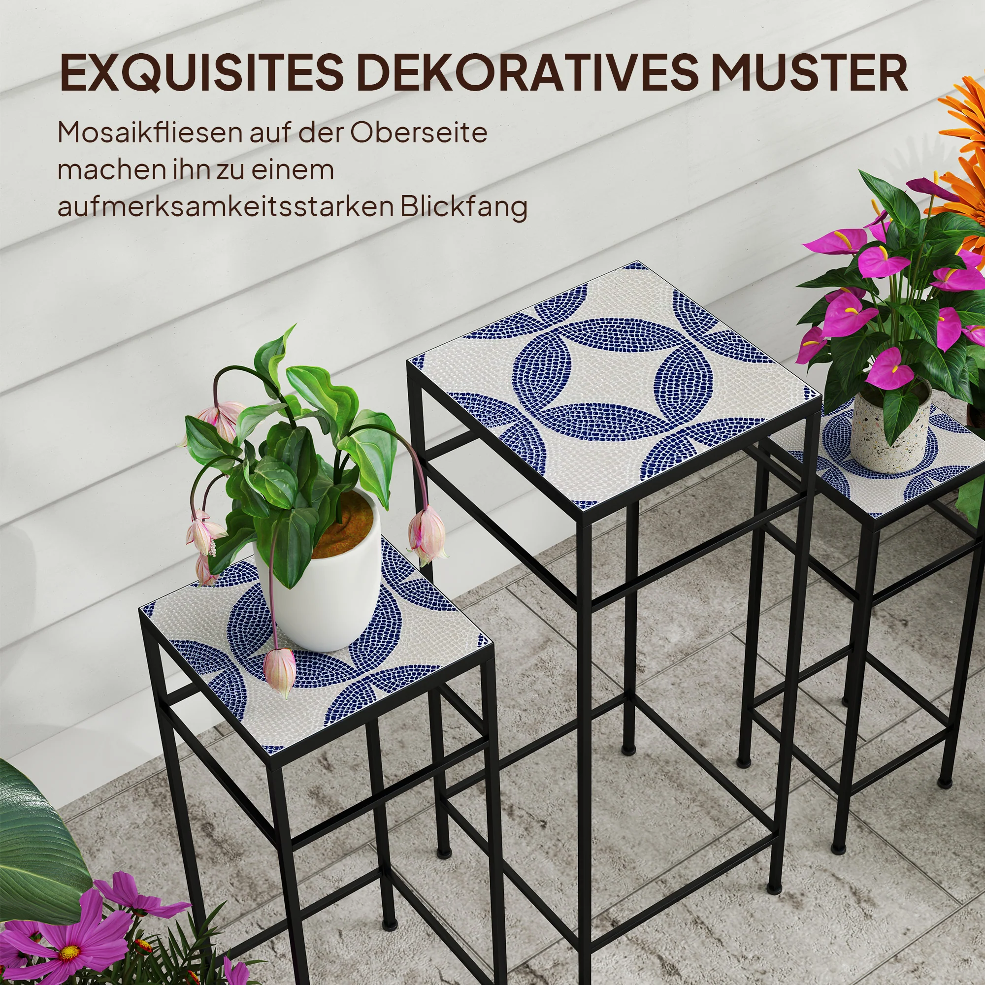 Plant Stands, Set of 3, 71cm Tall, Metal, Blue+White - Image 5
