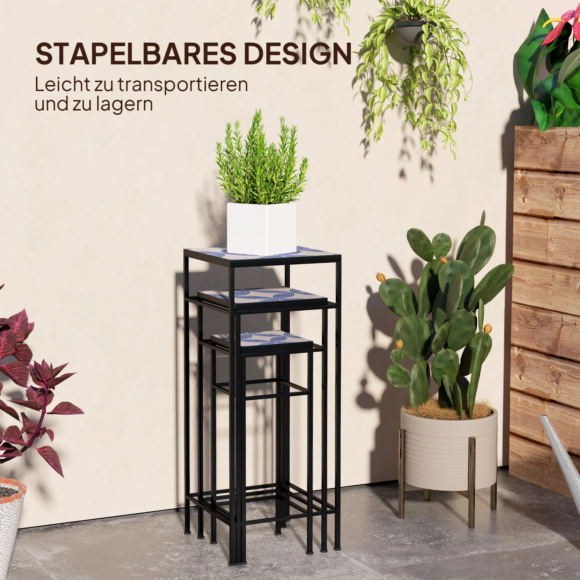 Plant Stands, Set of 3, 71cm Tall, Metal, Blue+White - Image 7