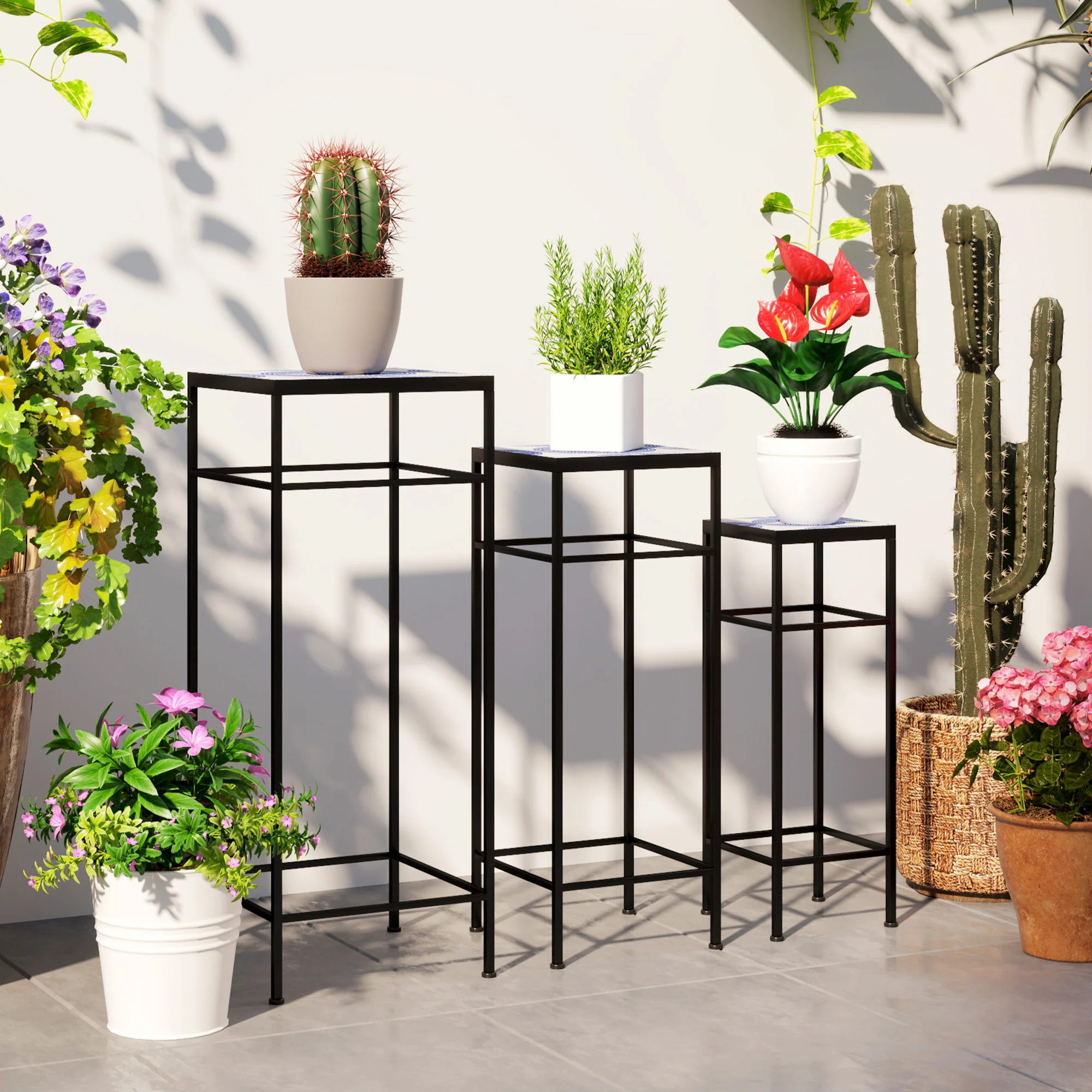 Plant Stands, Set of 3, 71cm Tall, Metal, Blue+White - Image 8