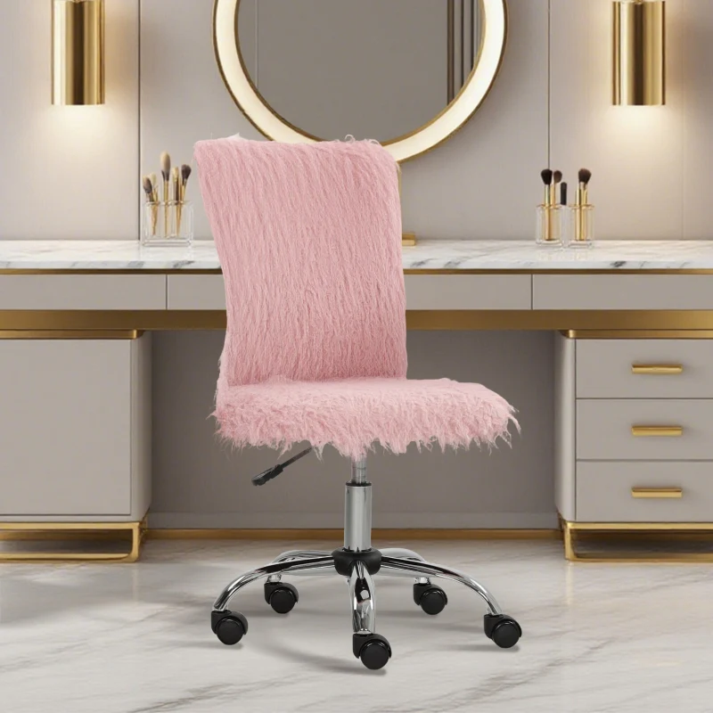 Plush Office Desk Chair Armless Swivel Adjustable Height Pink