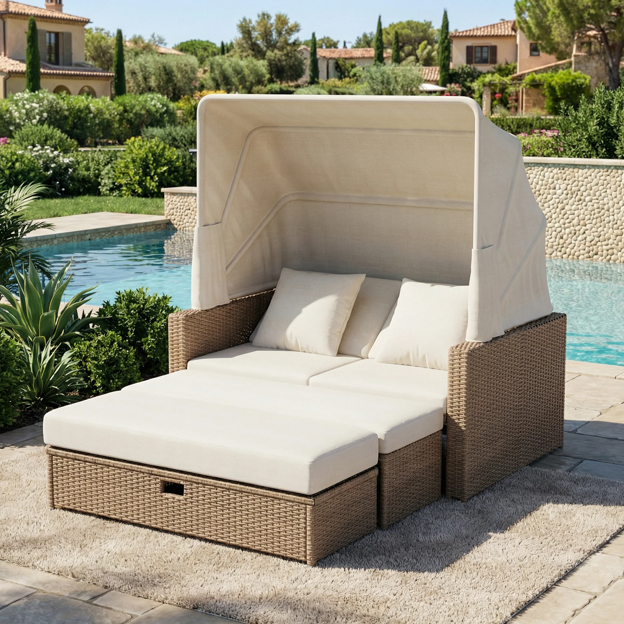 Polyrattan Garden Furniture Set with Adjustable Coffee Table and Removable Awning, Khaki PE Rattan - Image 2