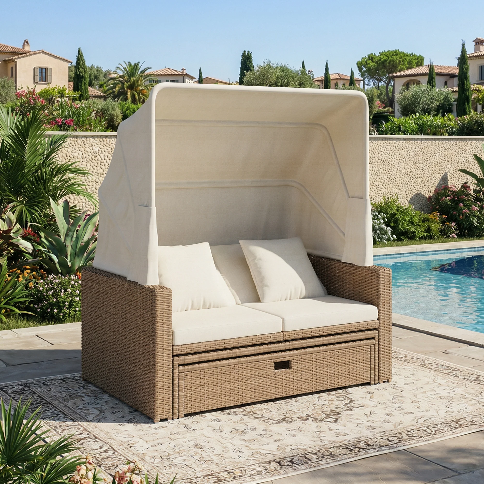 Polyrattan Garden Furniture Set with Adjustable Coffee Table and Removable Awning, Khaki PE Rattan - Image 3