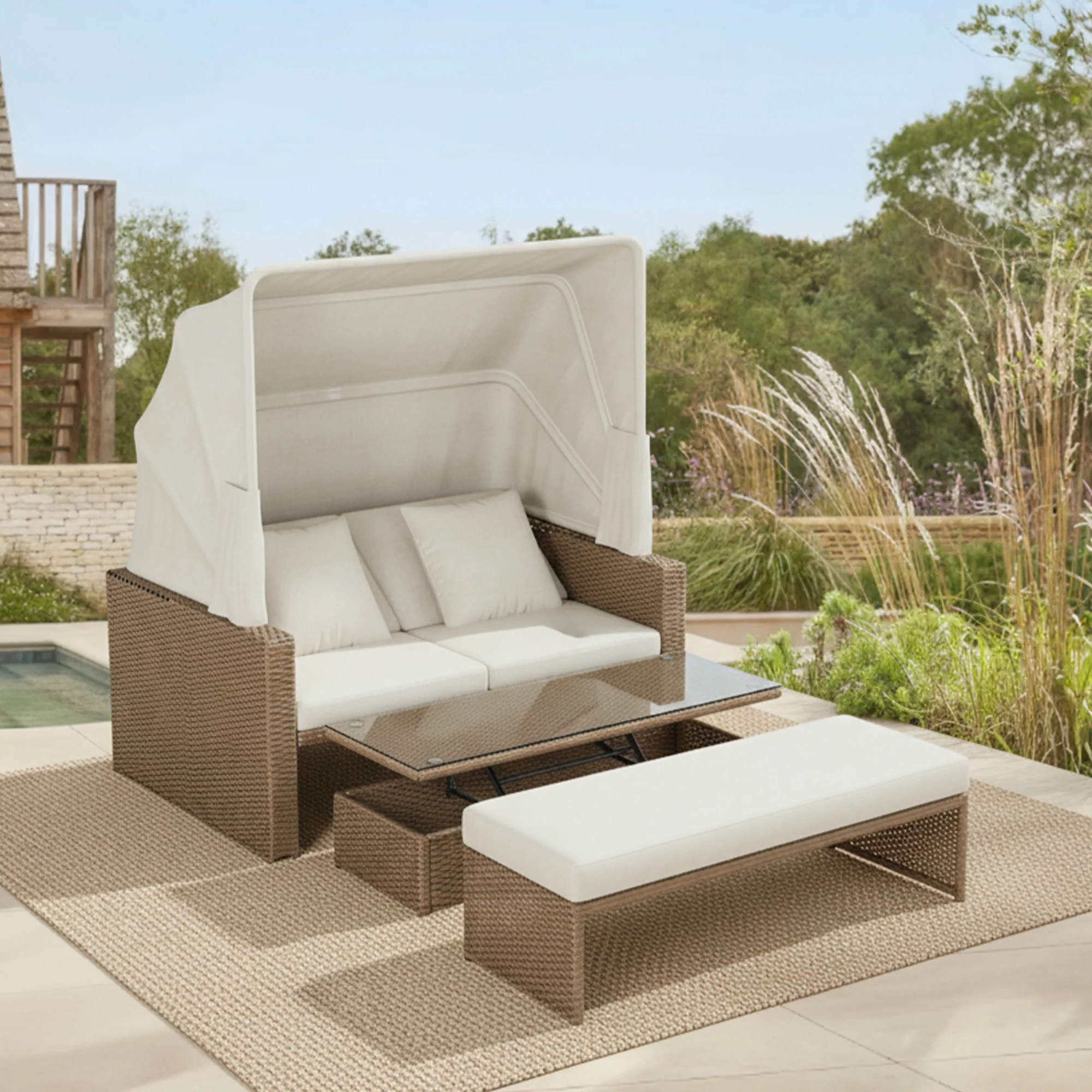 Polyrattan Garden Furniture Set with Adjustable Coffee Table and Removable Awning, Khaki PE Rattan - Image 4