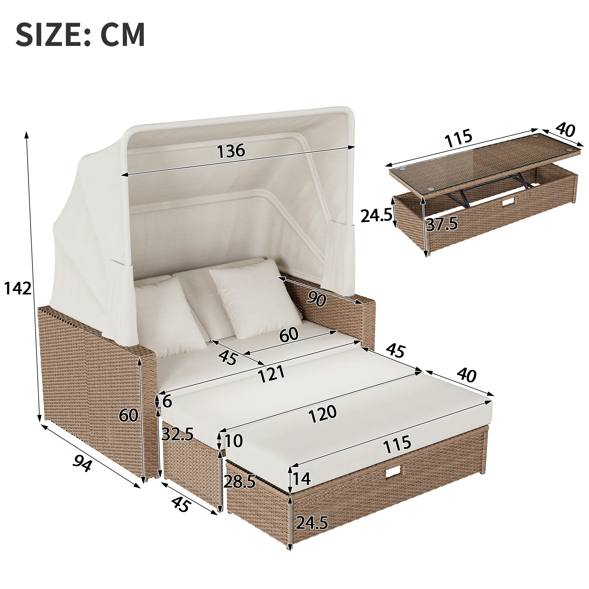 Polyrattan Garden Furniture Set with Adjustable Coffee Table and Removable Awning, Khaki PE Rattan - Image 5