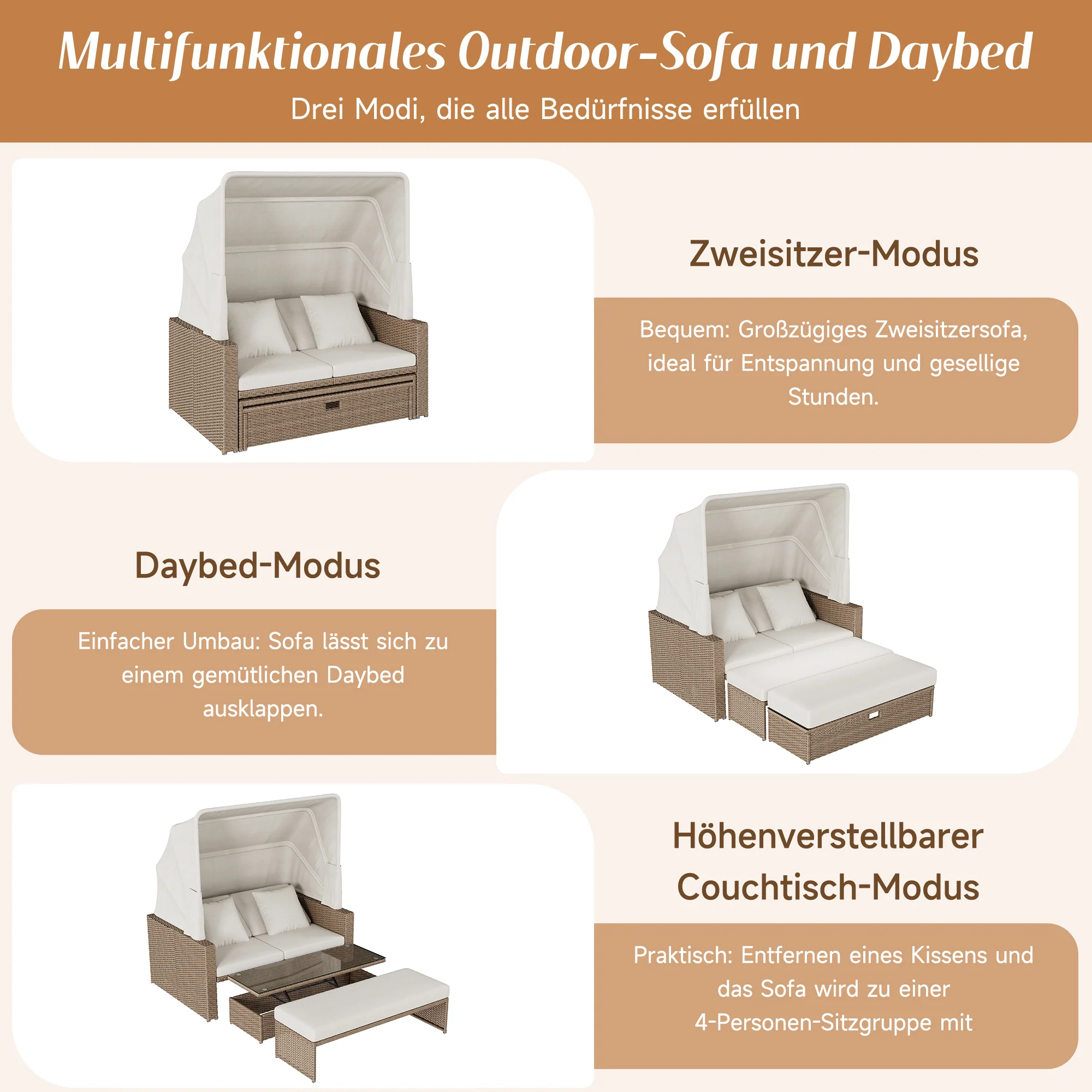 Polyrattan Garden Furniture Set with Adjustable Coffee Table and Removable Awning, Khaki PE Rattan - Image 6