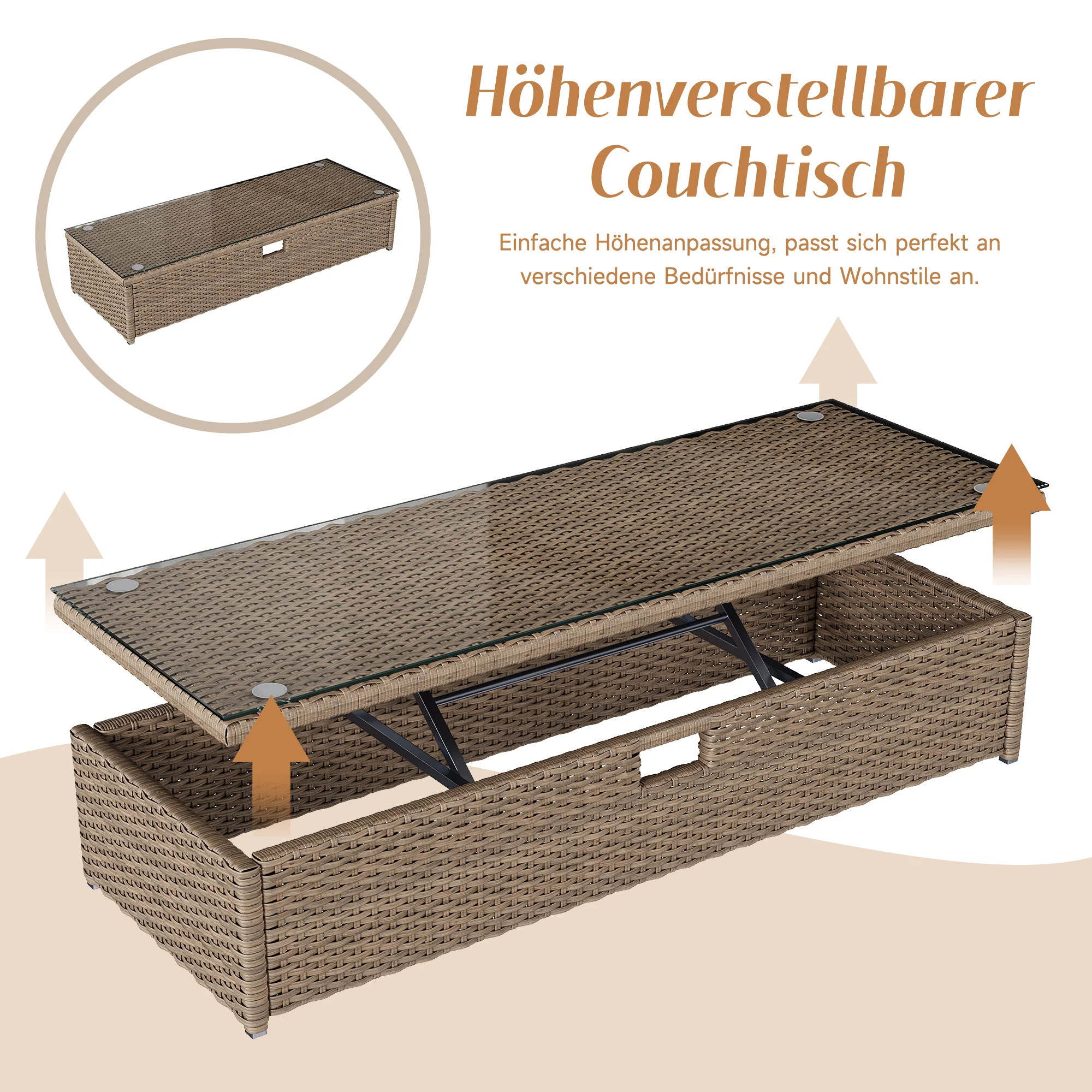 Polyrattan Garden Furniture Set with Adjustable Coffee Table and Removable Awning, Khaki PE Rattan - Image 7