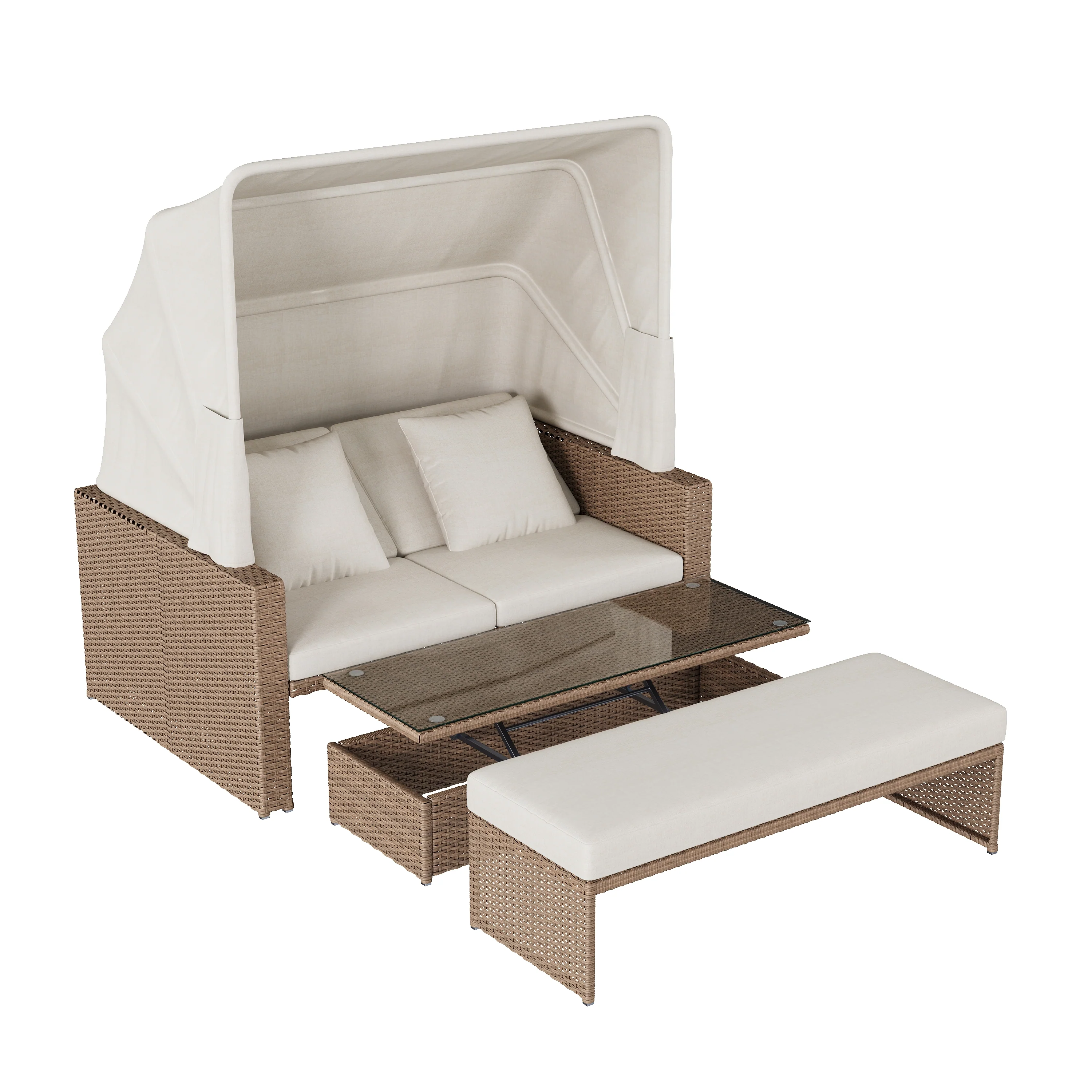 Polyrattan Garden Furniture Set with Adjustable Coffee Table and Removable Awning, Khaki PE Rattan - Image 8