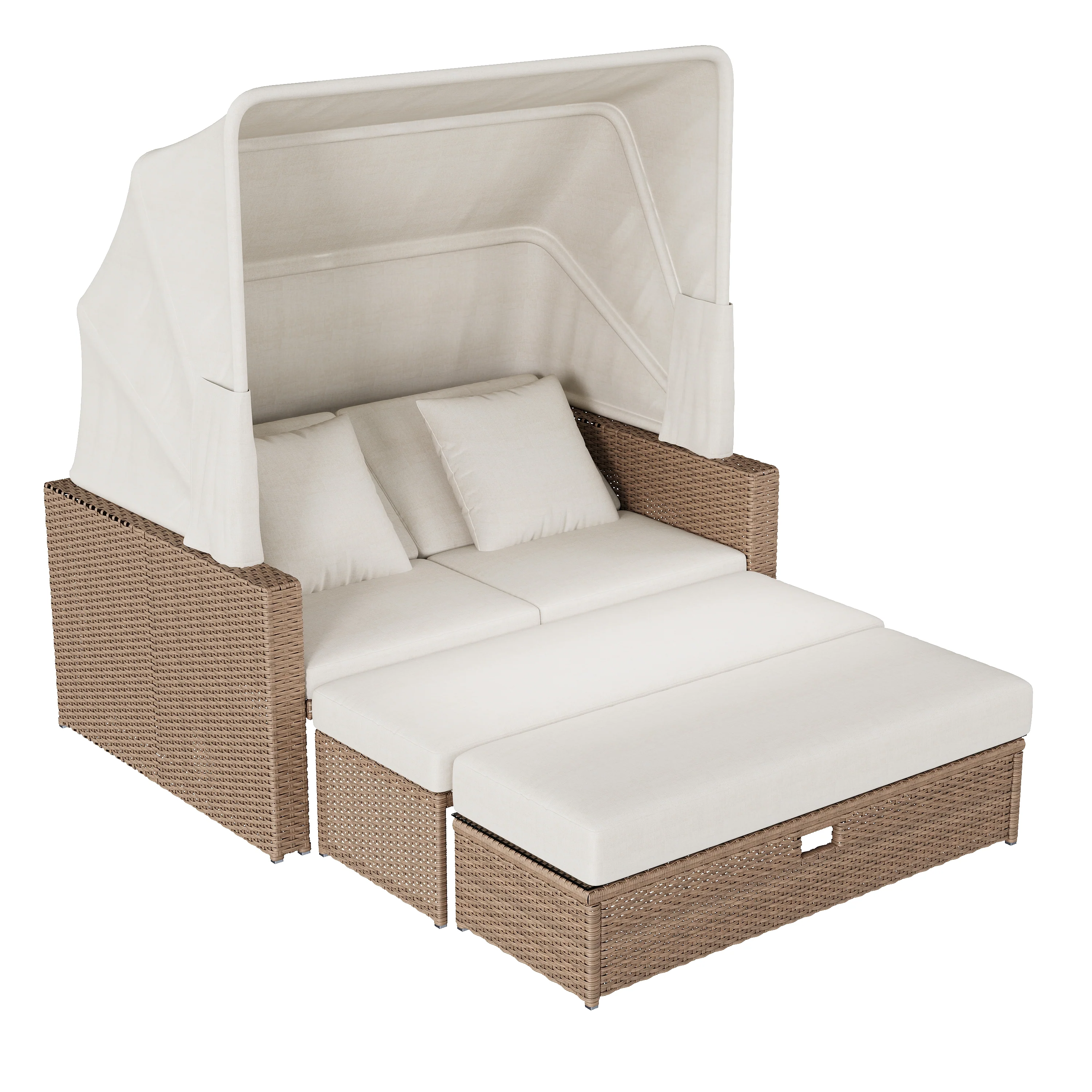 Polyrattan Garden Furniture Set with Adjustable Coffee Table and Removable Awning, Khaki PE Rattan - Image 9