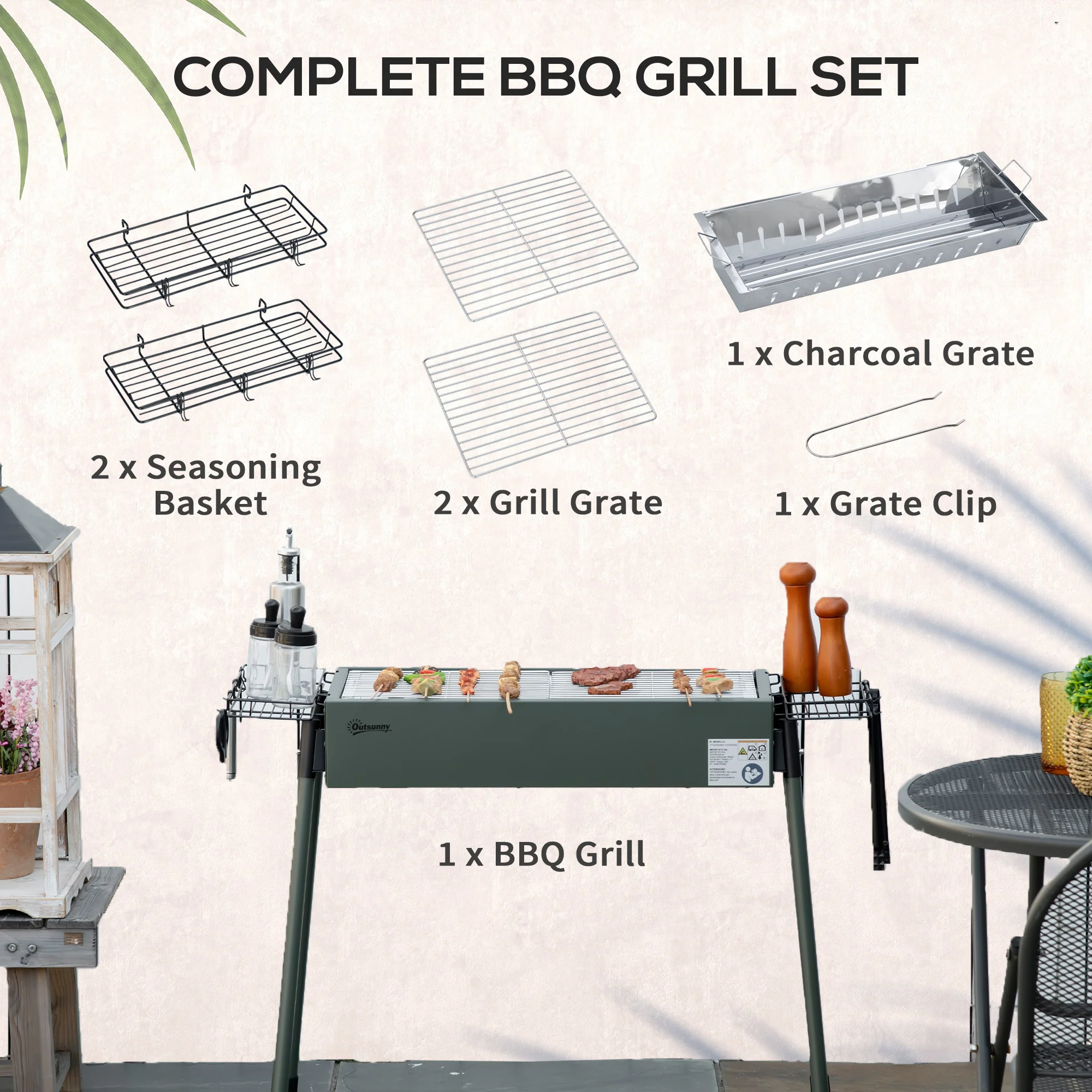 Portable Charcoal BBQ Grill with Seasoning Baskets and Hooks, Stainless Steel - Image 4
