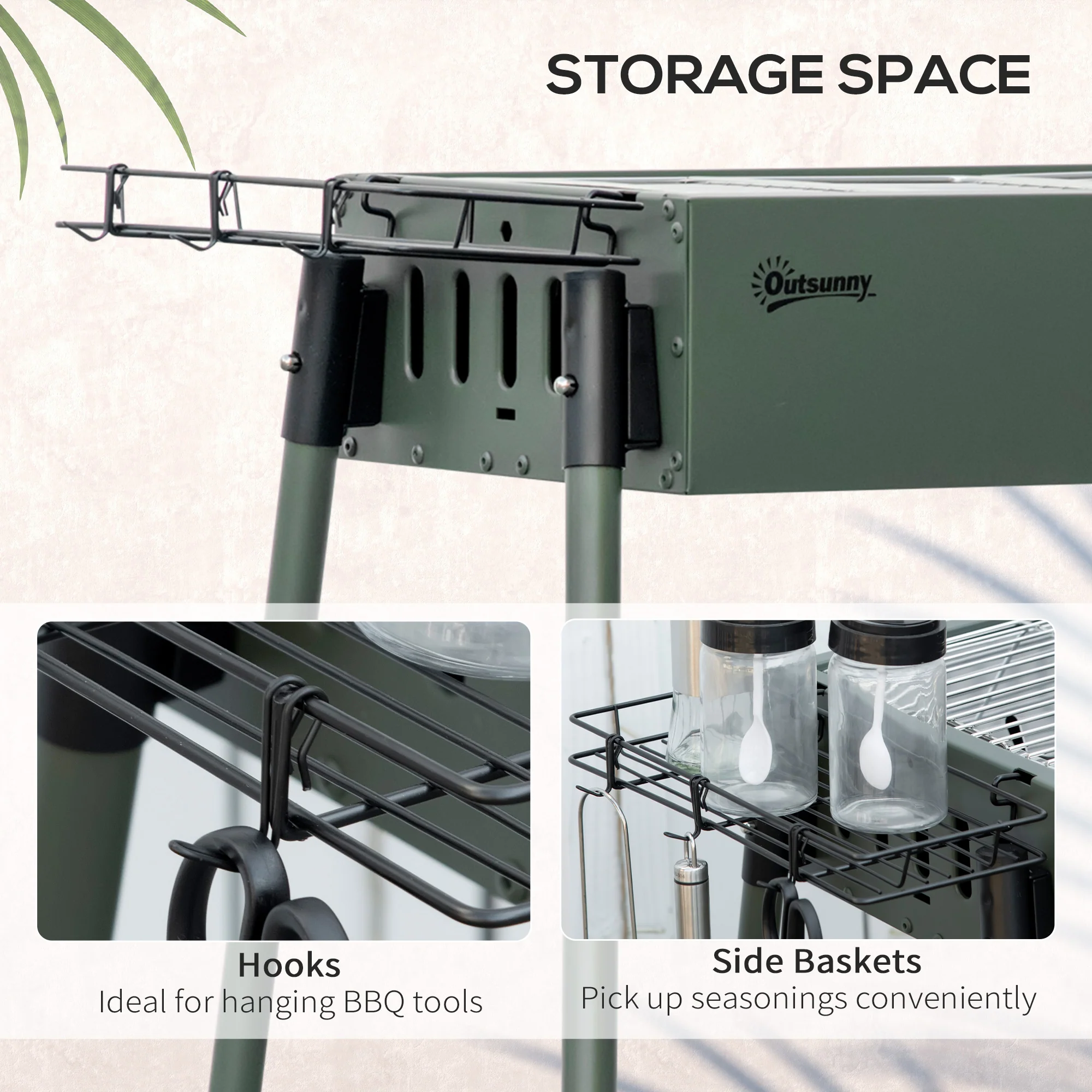 Portable Charcoal BBQ Grill with Seasoning Baskets and Hooks, Stainless Steel - Image 6