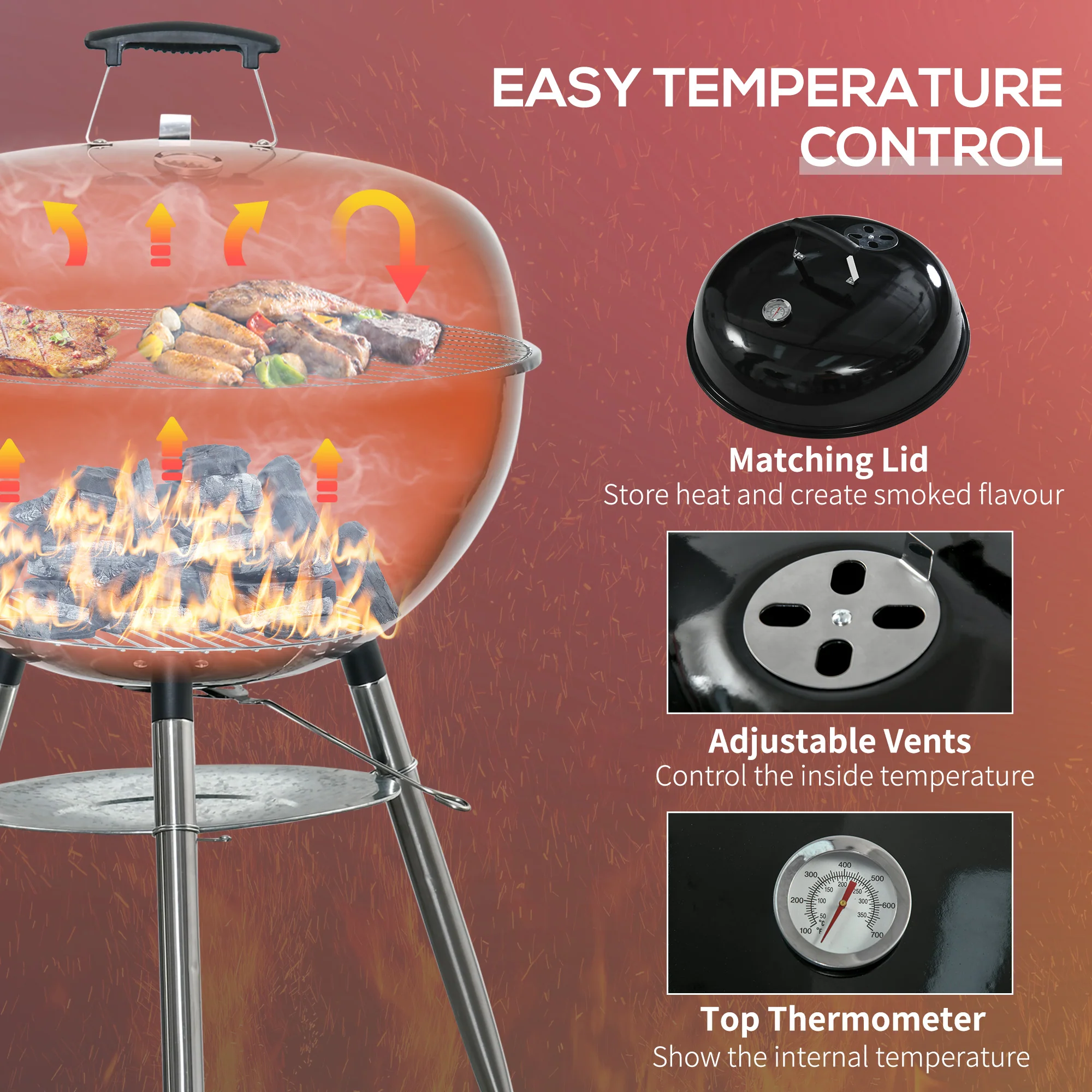 Portable Kettle Charcoal Grill, Black - Image 5