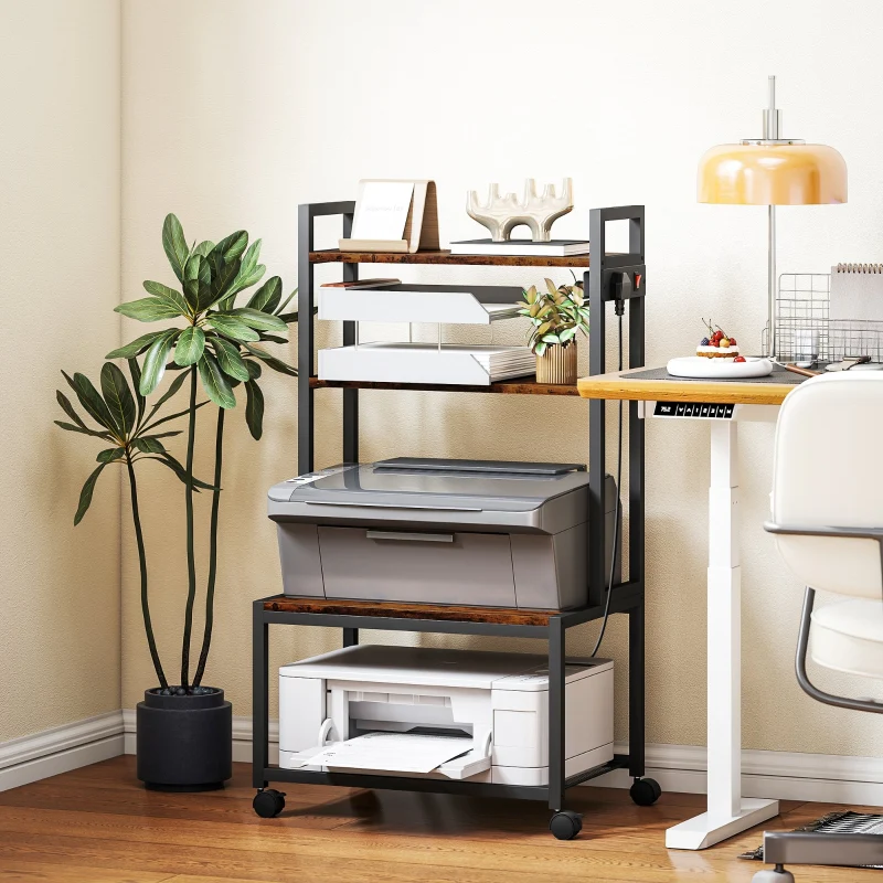 Printer Stand, 4-Tier with Power Outlets and Wheels, Rustic Brown - Image 2
