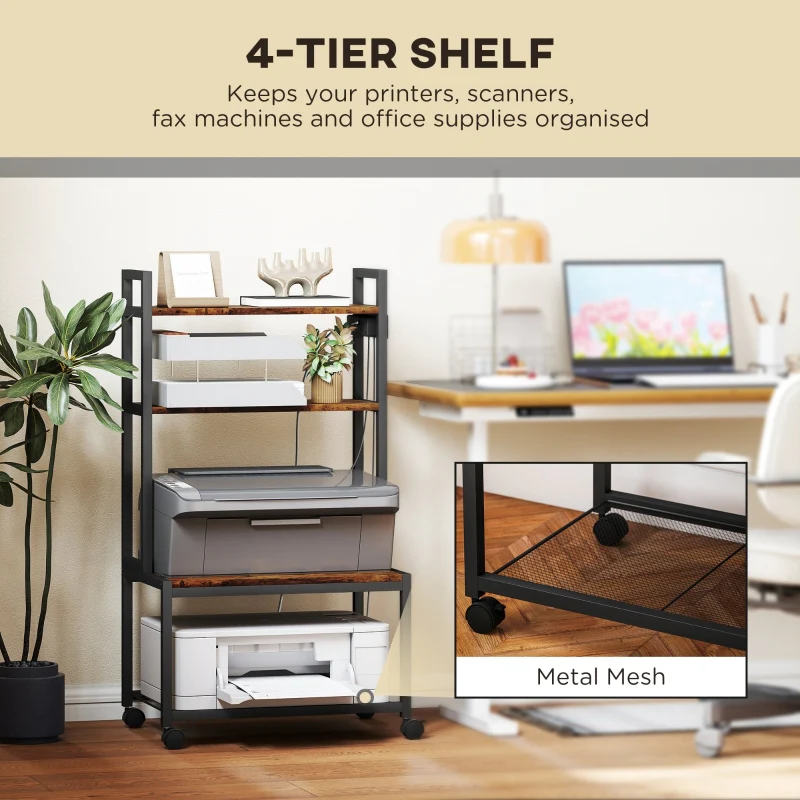Printer Stand, 4-Tier with Power Outlets and Wheels, Rustic Brown - Image 5