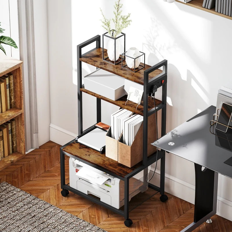 Printer Stand, 4-Tier with Power Outlets and Wheels, Rustic Brown - Image 7